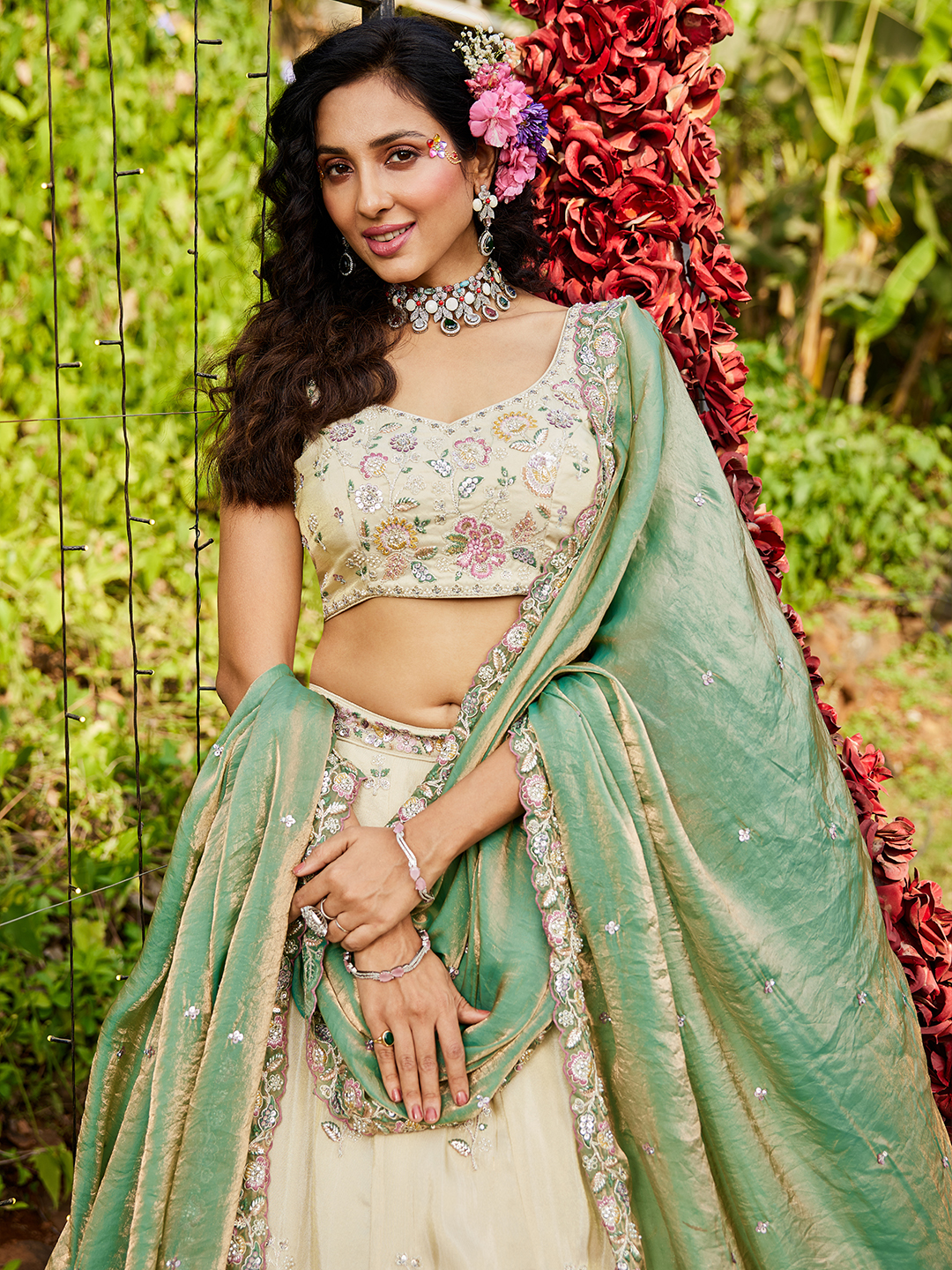 Step into a world of elegance with this regal cream wedding lehenga