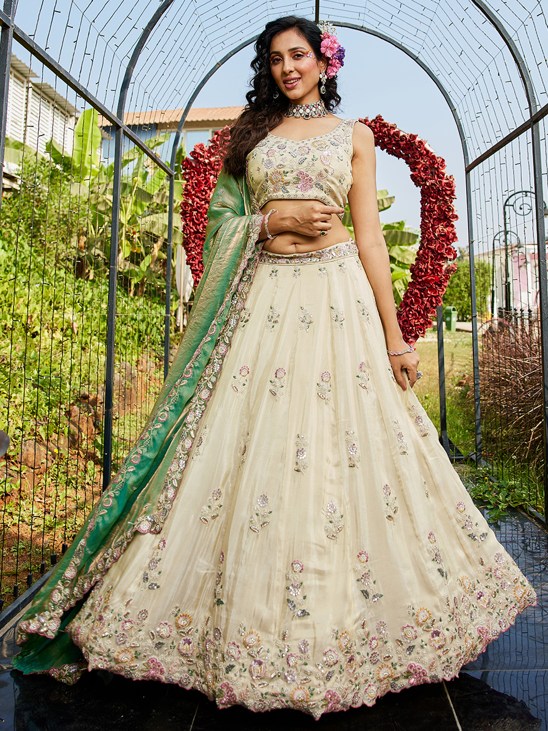 Step into a world of elegance with this regal cream wedding lehenga