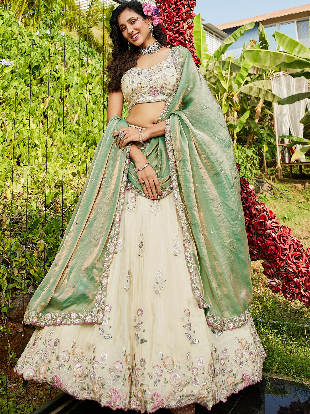 Step into a world of elegance with this regal cream wedding lehenga