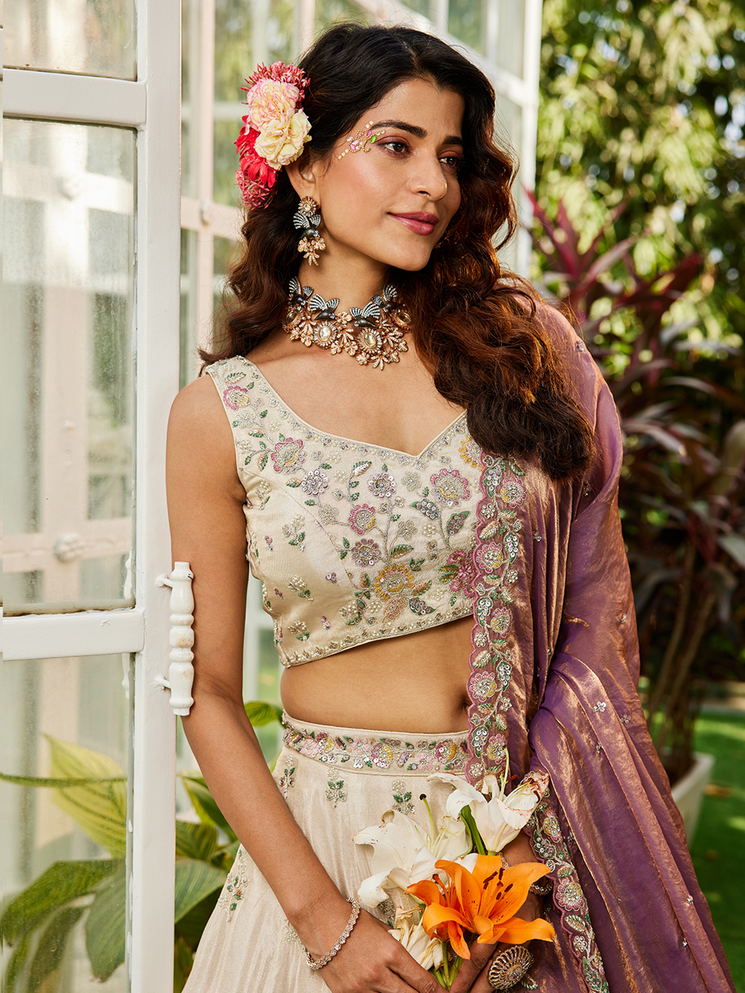 Regal Cream Wedding Lehenga with Royal Purple Dupatta