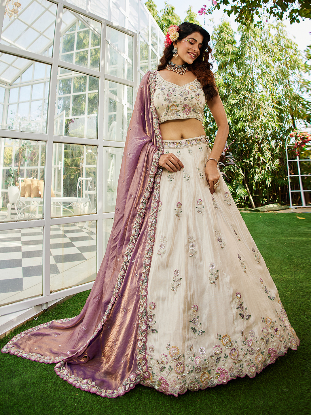 Regal Cream Wedding Lehenga with Royal Purple Dupatta