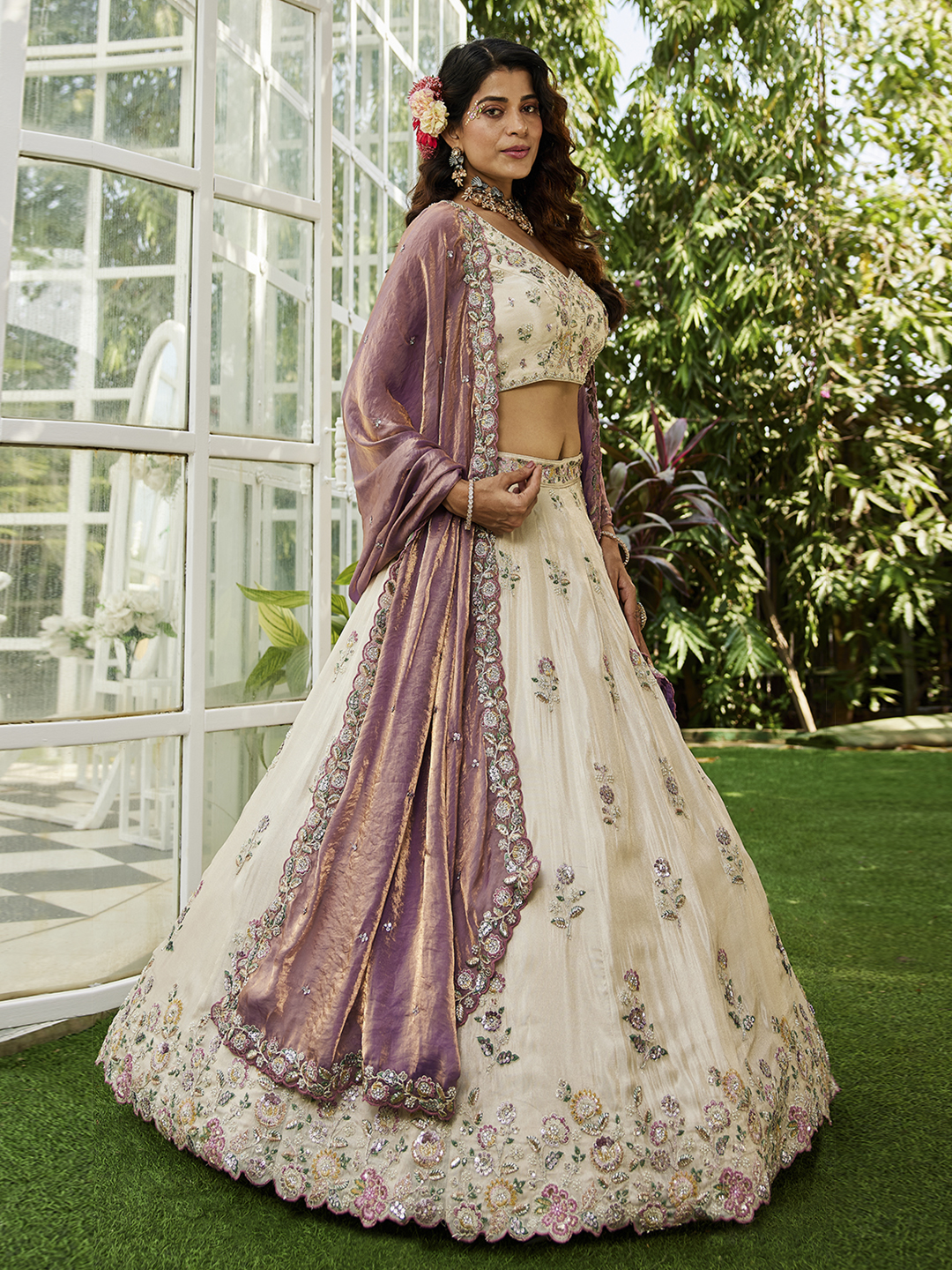 Regal Cream Wedding Lehenga with Royal Purple Dupatta