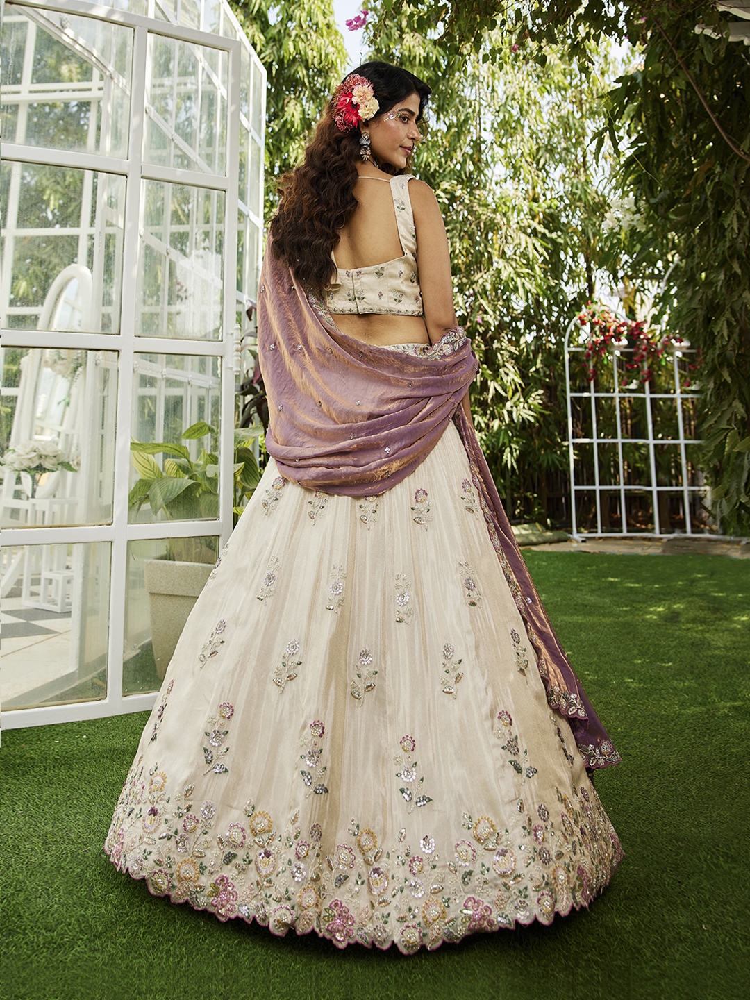 Regal Cream Wedding Lehenga with Royal Purple Dupatta