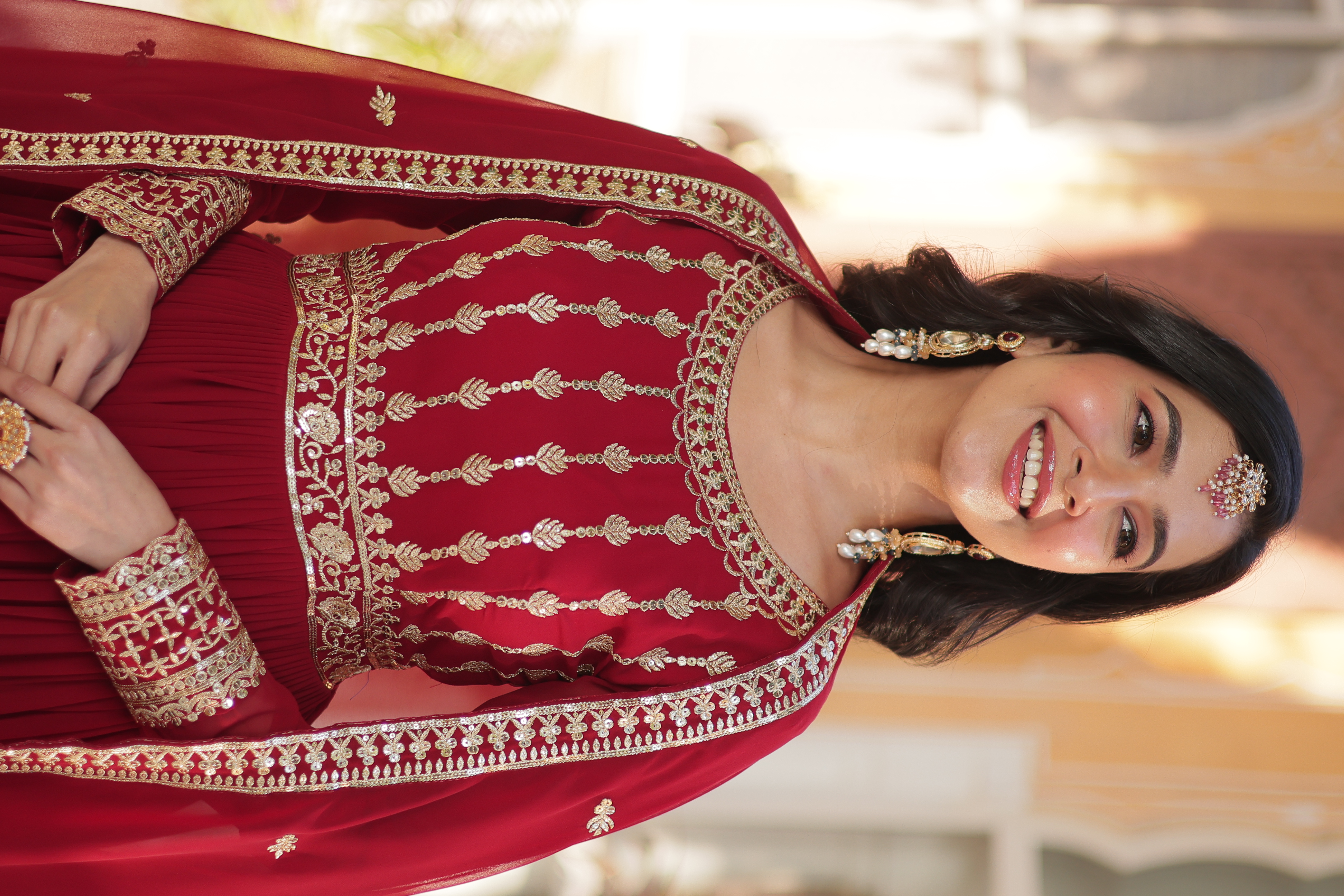 Step into elegance with this Maroon Faux Blooming Salwar Kameez