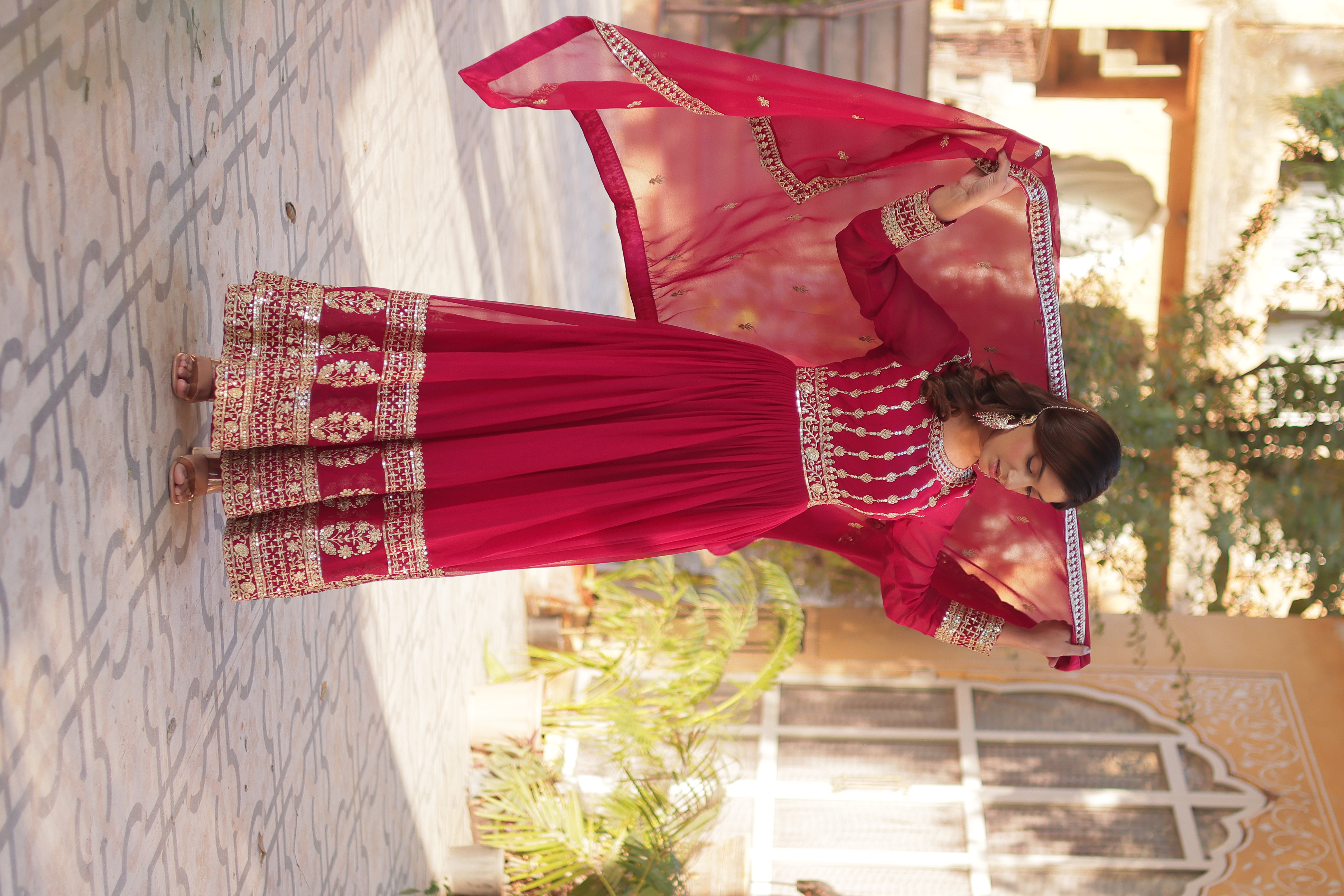 Pink Faux Blooming Salwar Kameez with Gown Look & Zari Embroidery