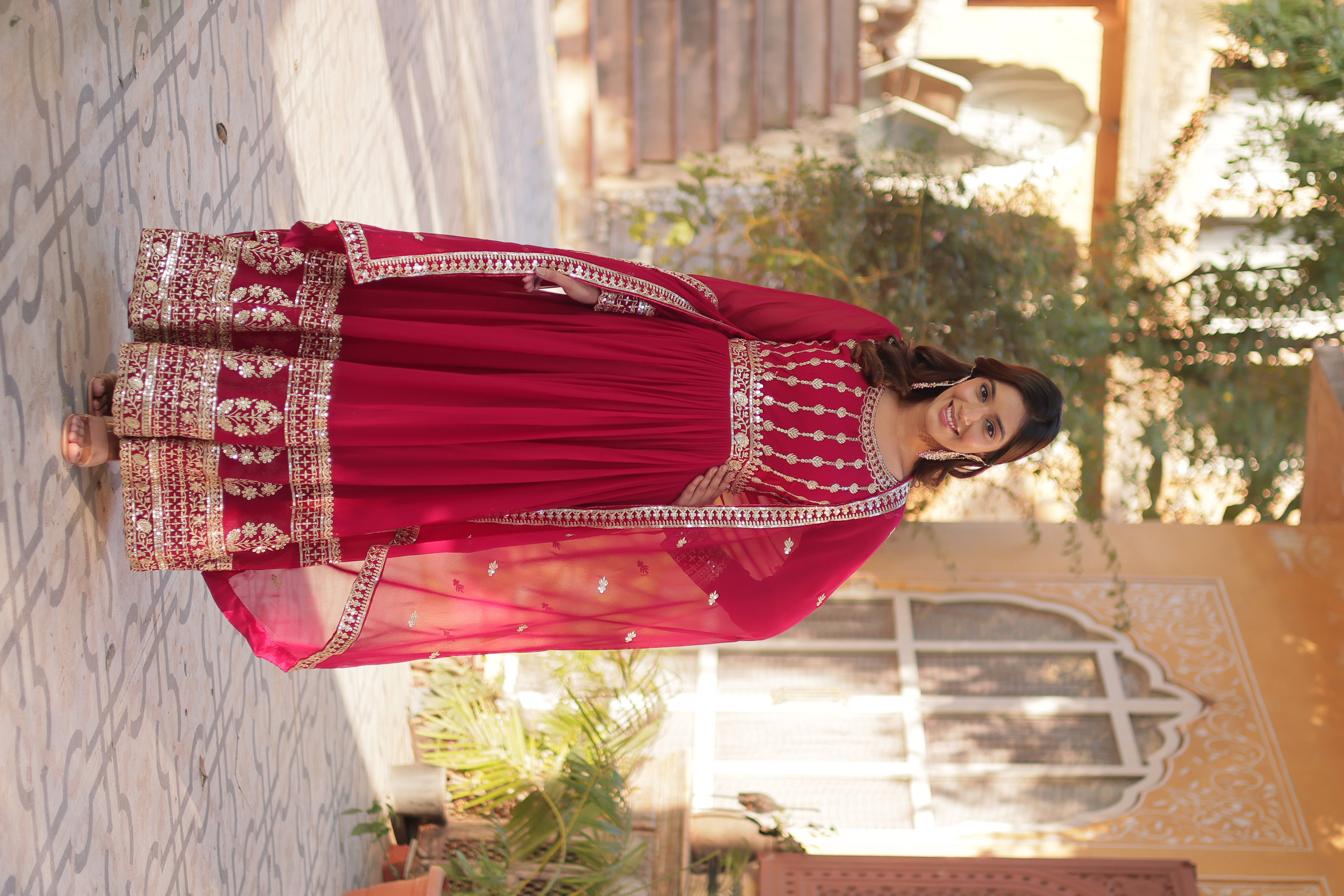 Pink Faux Blooming Salwar Kameez with Gown Look & Zari Embroidery