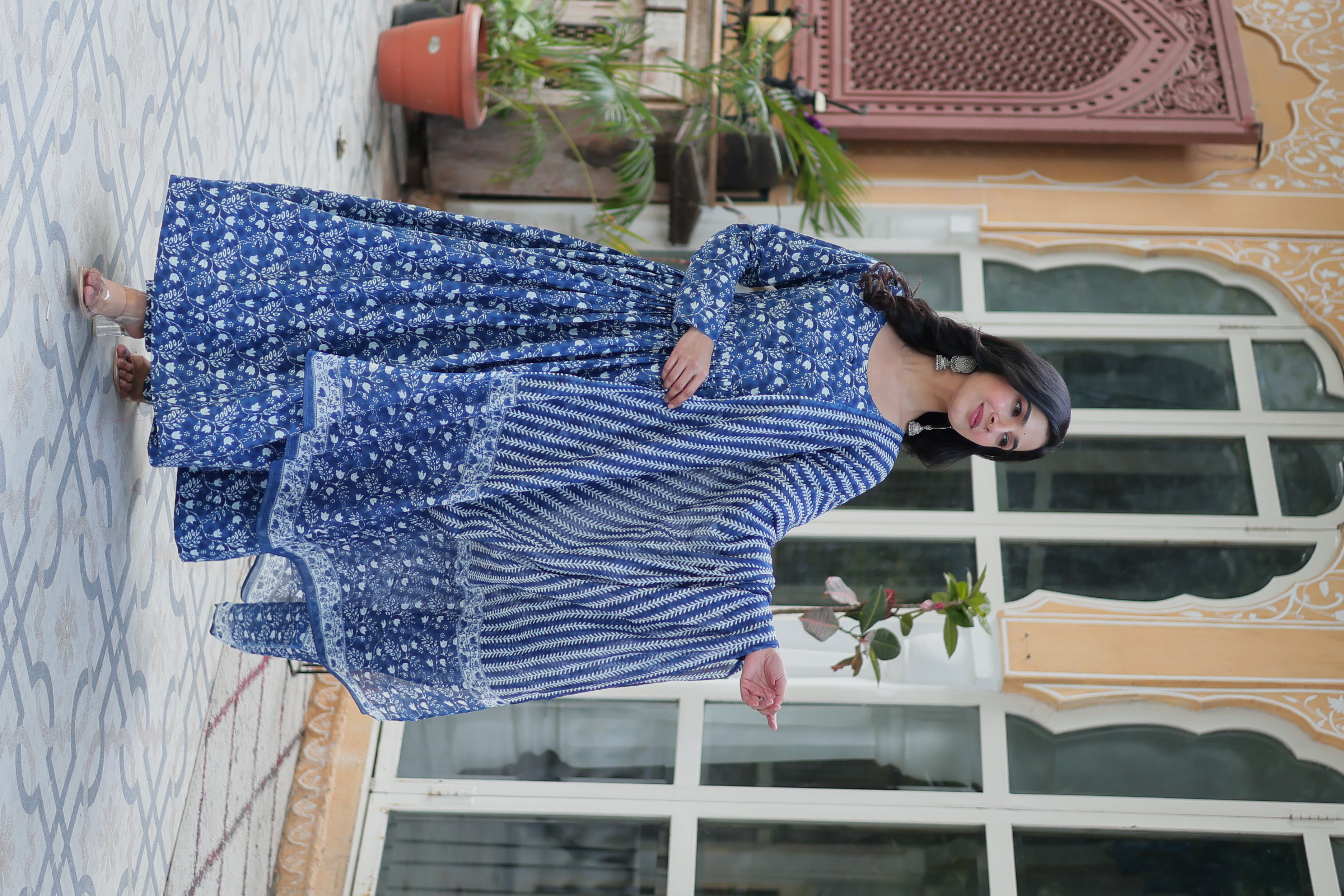 Sky Blue Pure Cotton Printed Salwar Kameez with Gown Look – A Blend of Elegance & Comfort