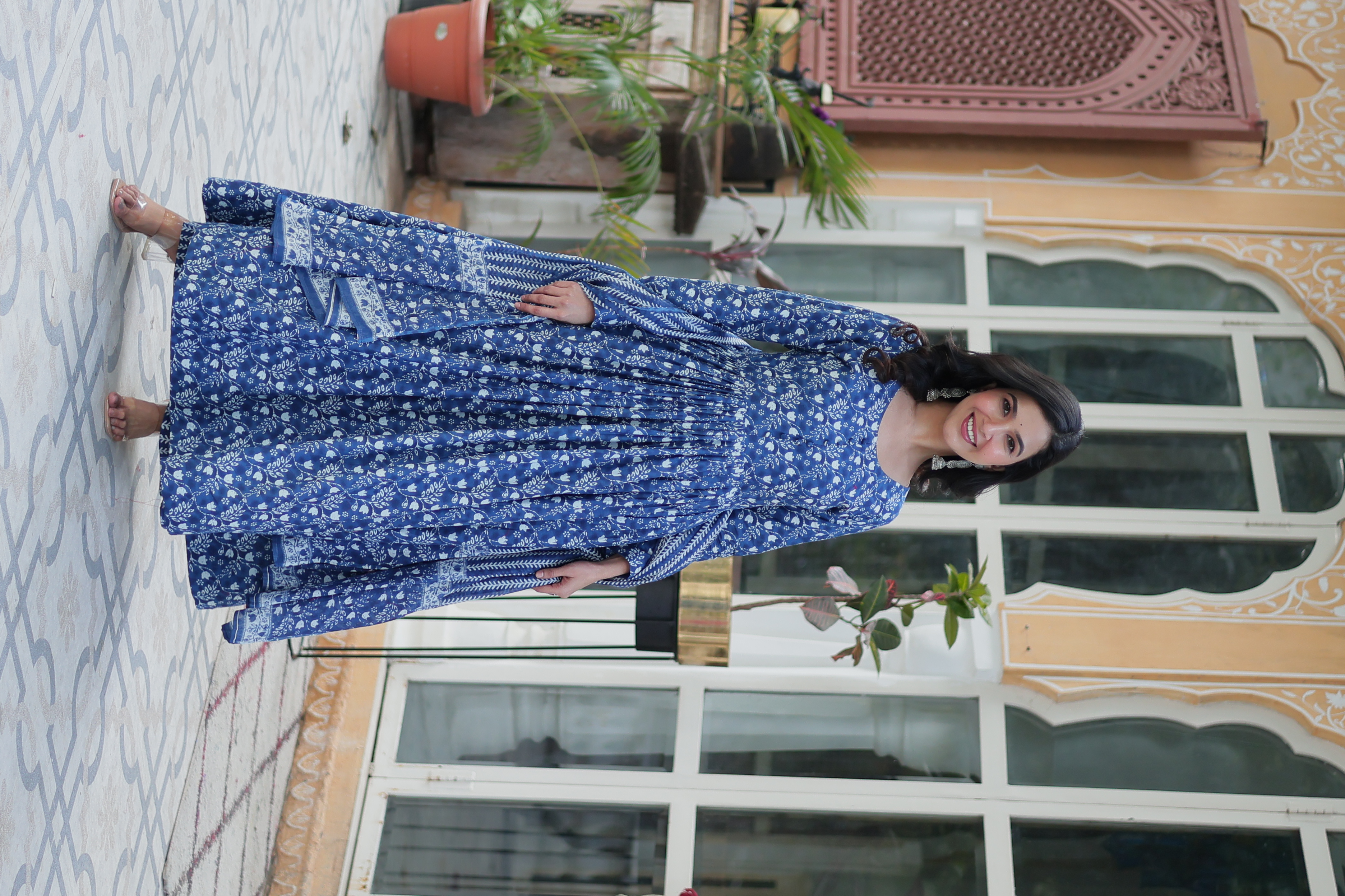 Sky Blue Pure Cotton Printed Salwar Kameez with Gown Look – A Blend of Elegance & Comfort