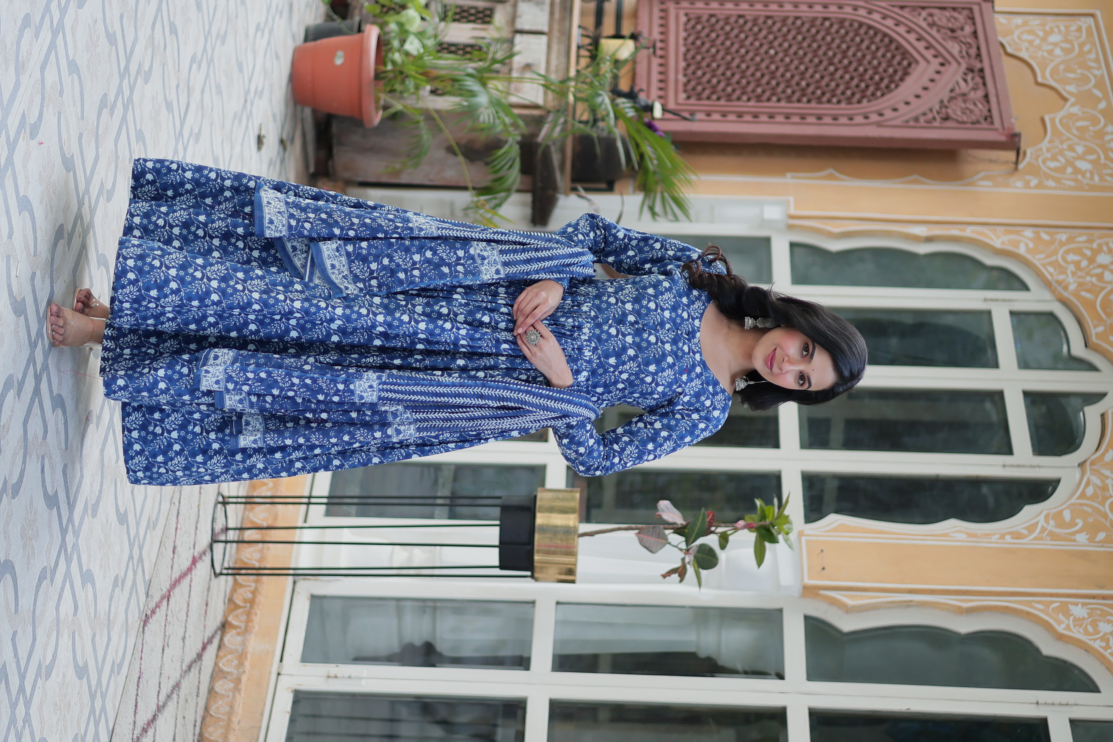 Sky Blue Pure Cotton Printed Salwar Kameez with Gown Look – A Blend of Elegance & Comfort