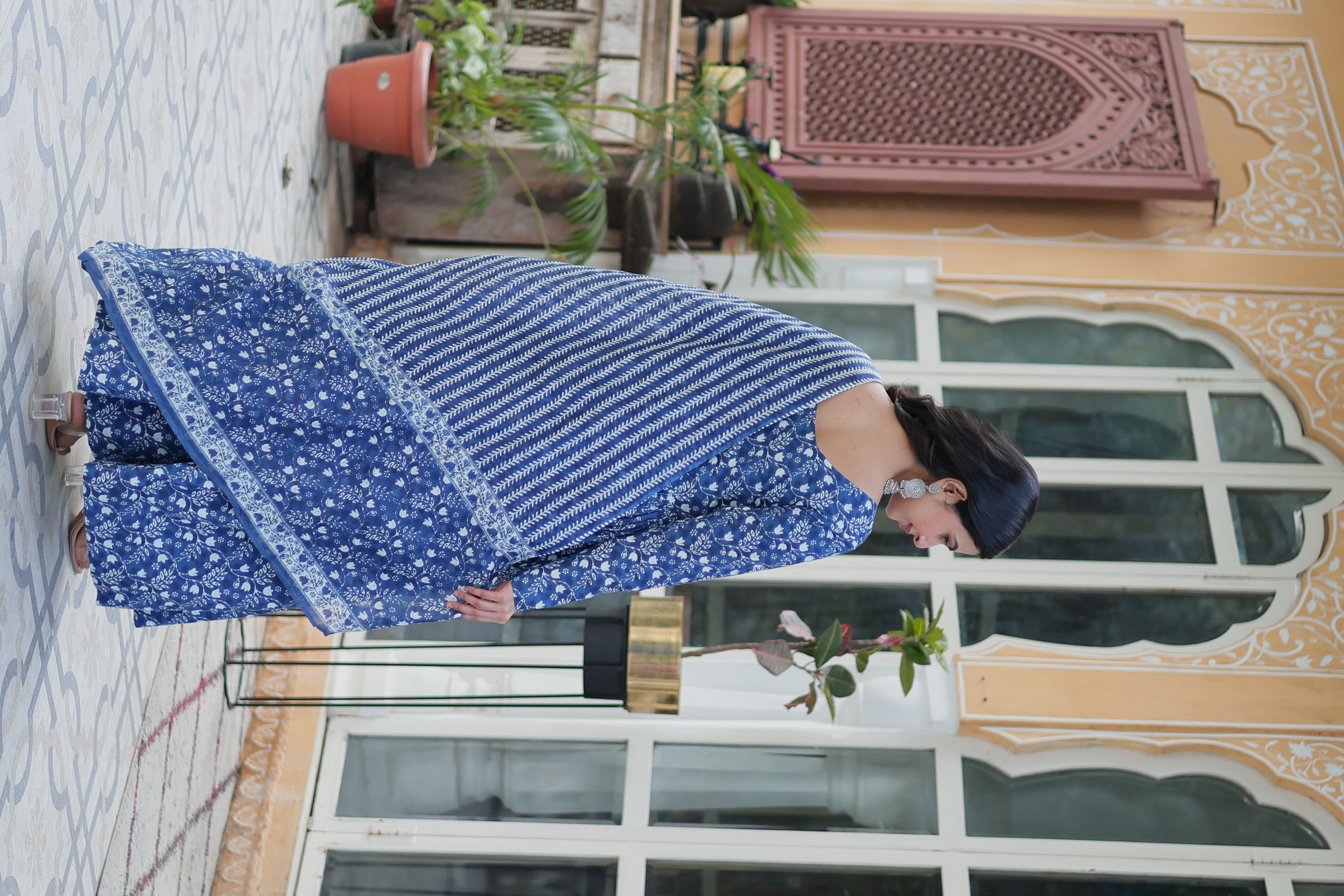 Sky Blue Pure Cotton Printed Salwar Kameez with Gown Look – A Blend of Elegance & Comfort