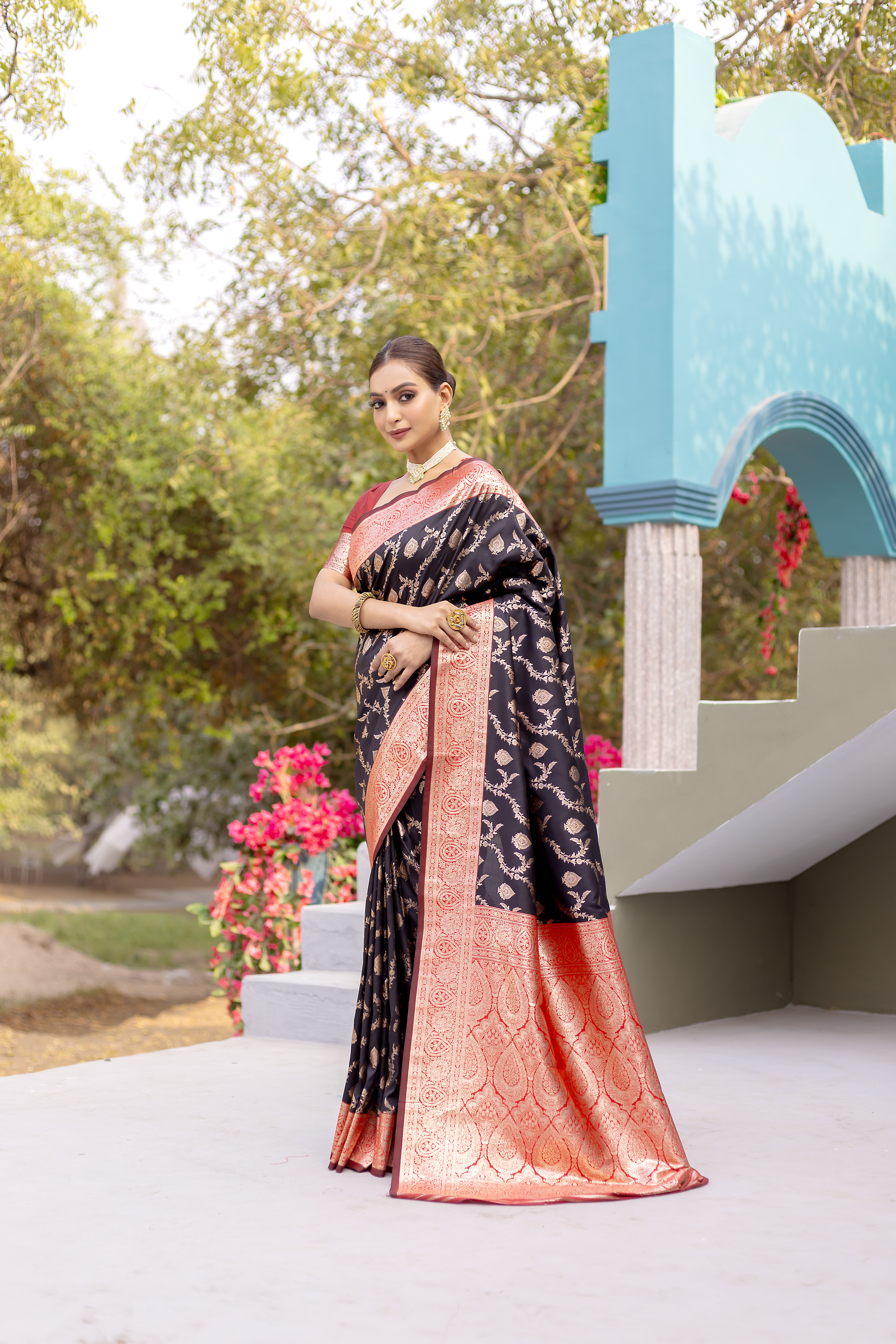 Elegant Charm in Black and Orange Banarasi Silk Saree