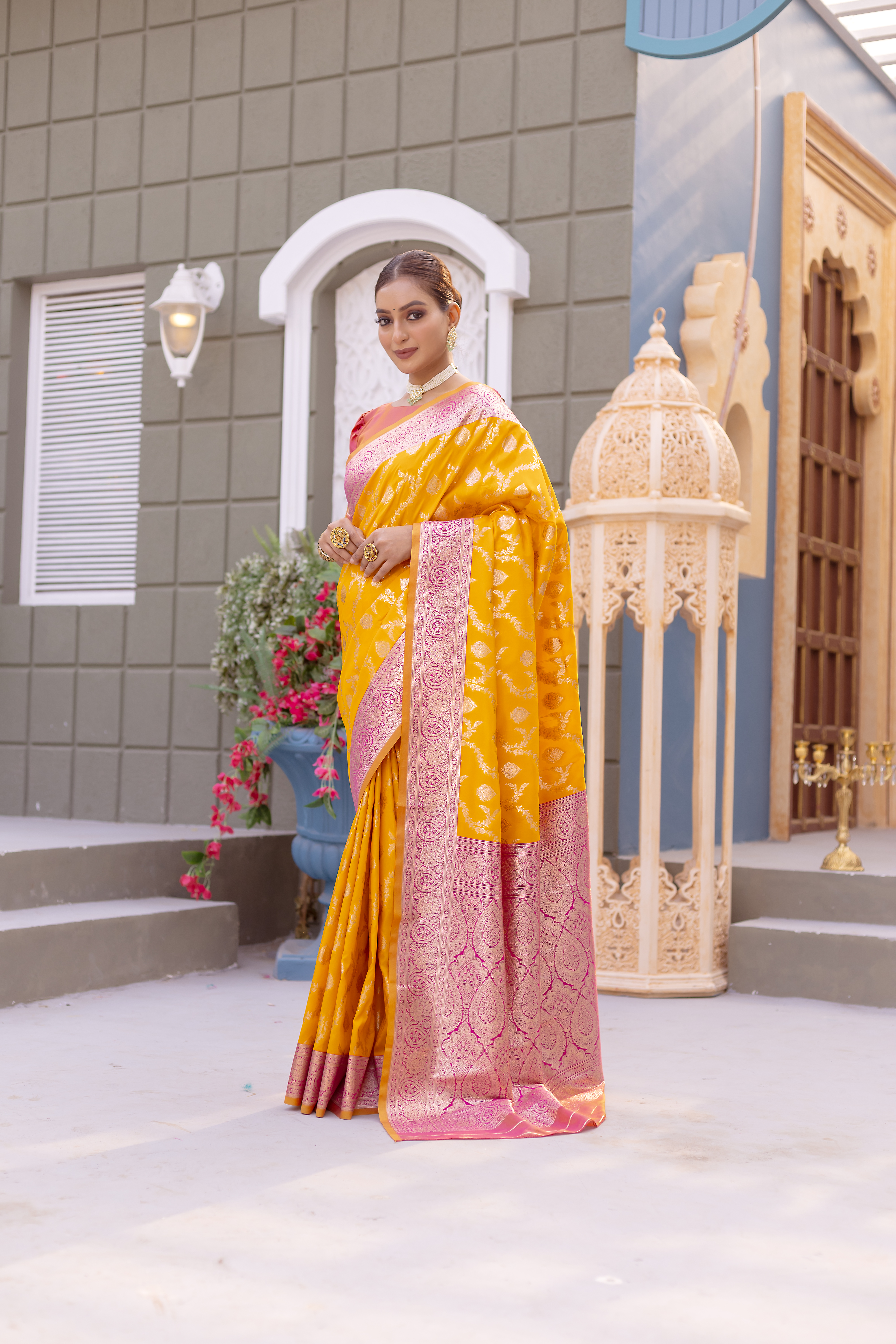 Radiant Grace in Pink and Yellow Banarasi Silk Saree