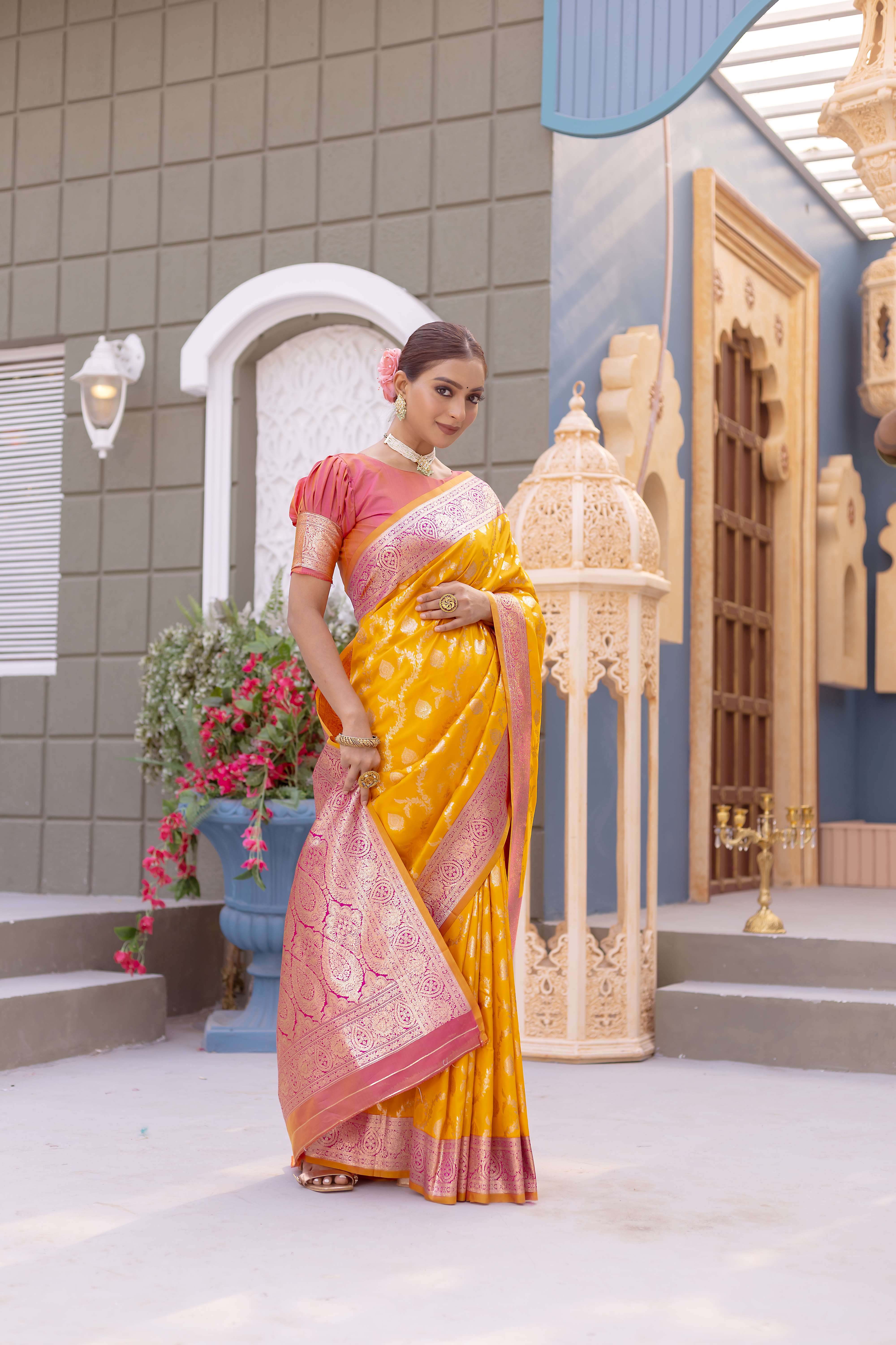Radiant Grace in Pink and Yellow Banarasi Silk Saree