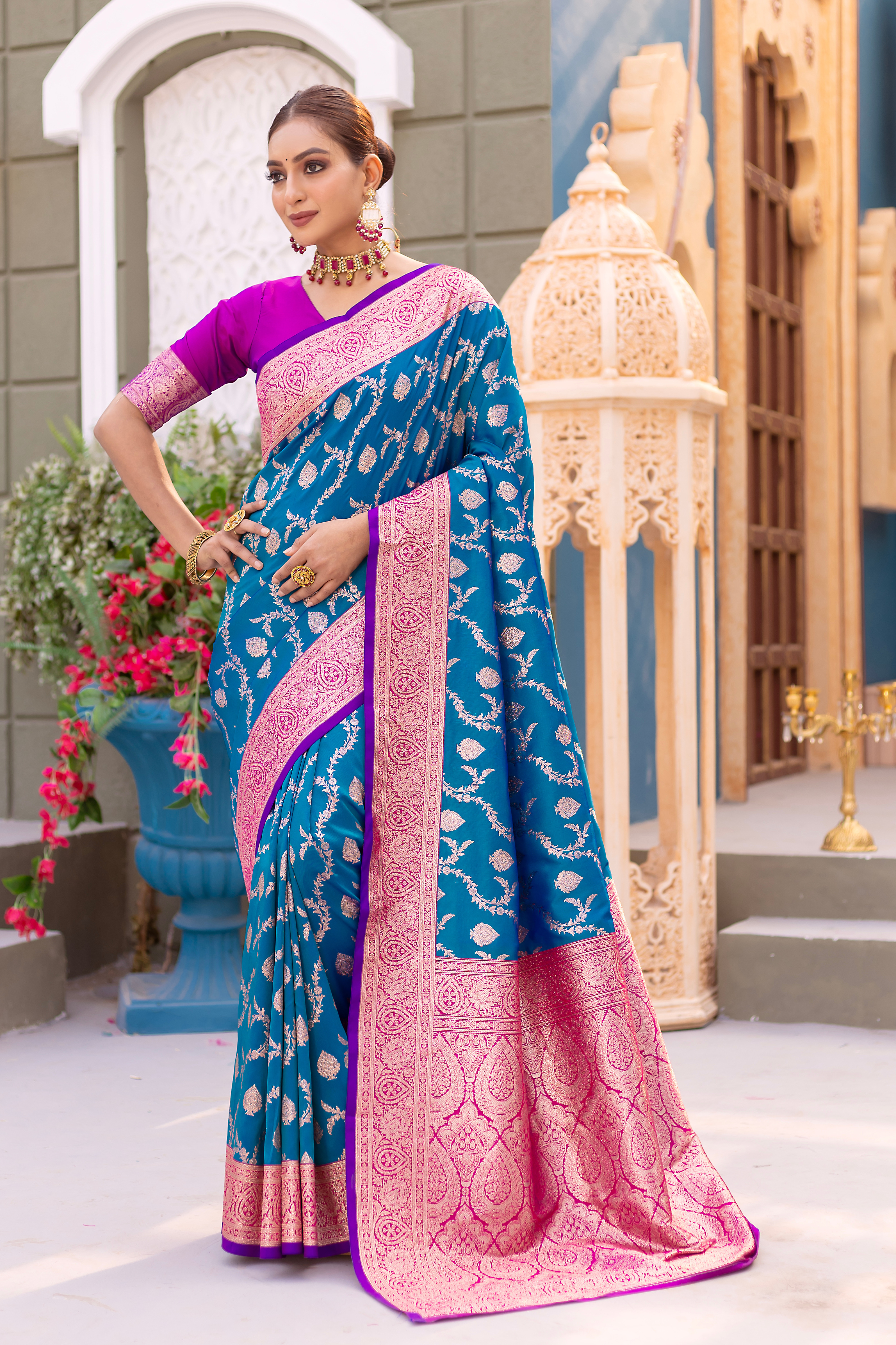 Graceful Splendor in Firozi Blue Banarasi Silk Saree