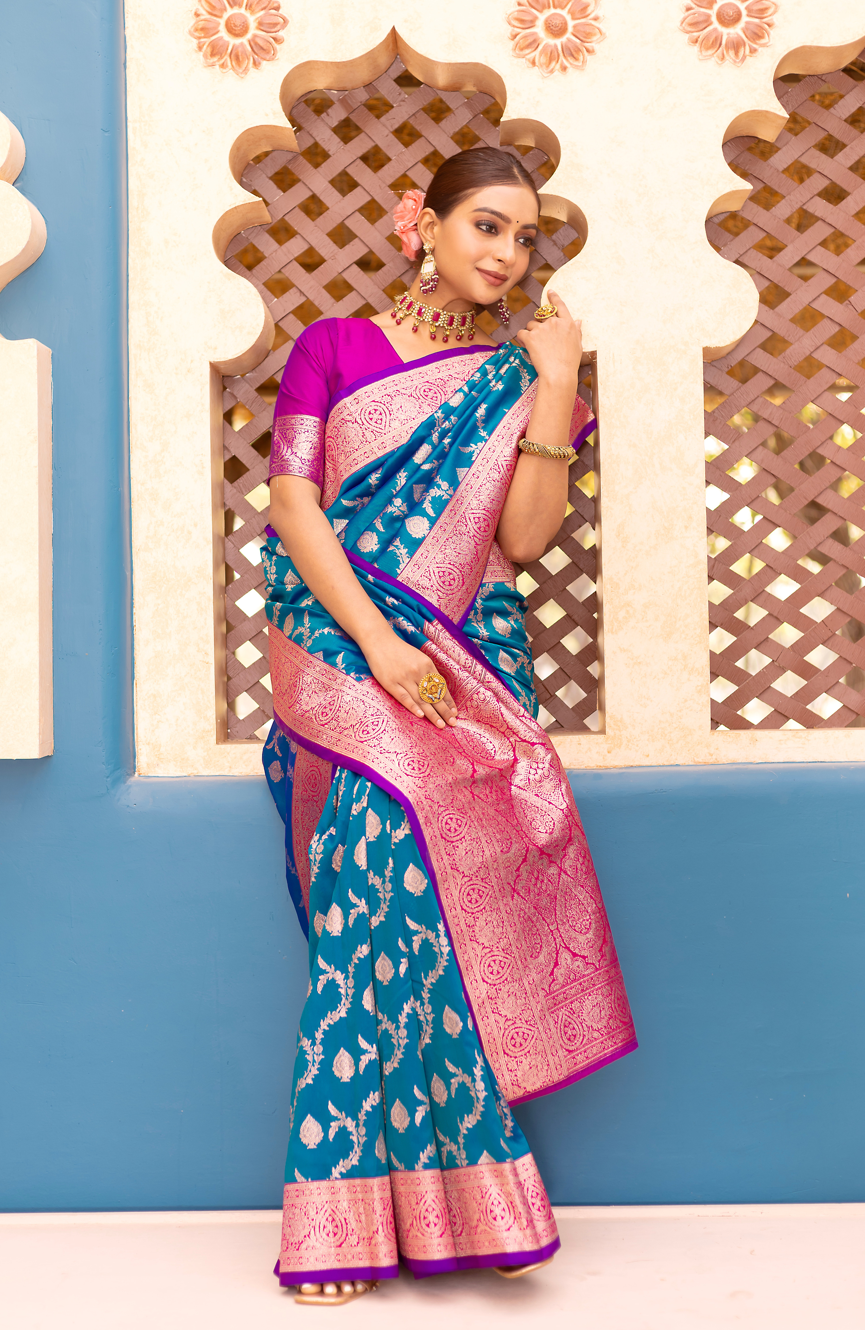 Graceful Splendor in Firozi Blue Banarasi Silk Saree