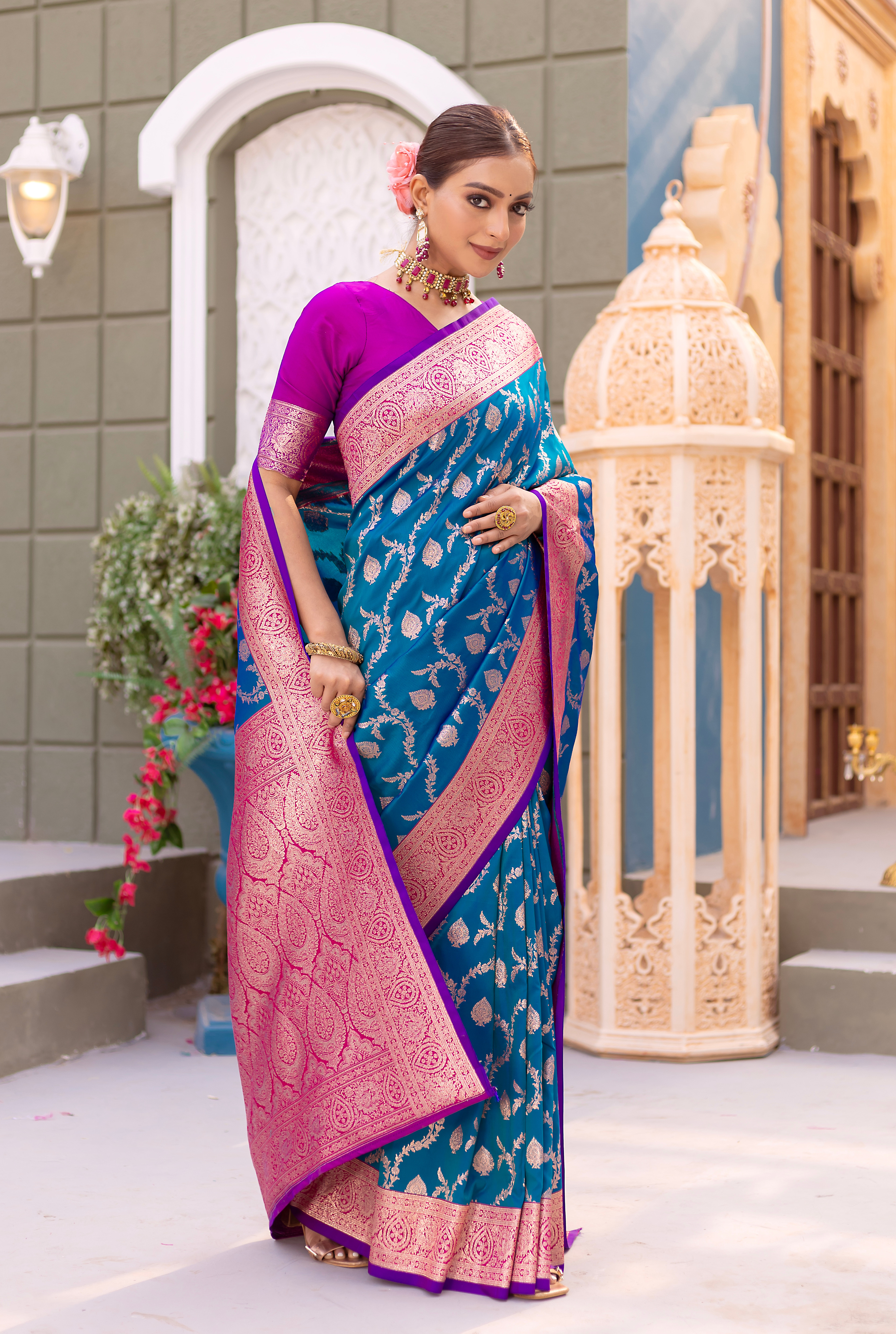 Graceful Splendor in Firozi Blue Banarasi Silk Saree
