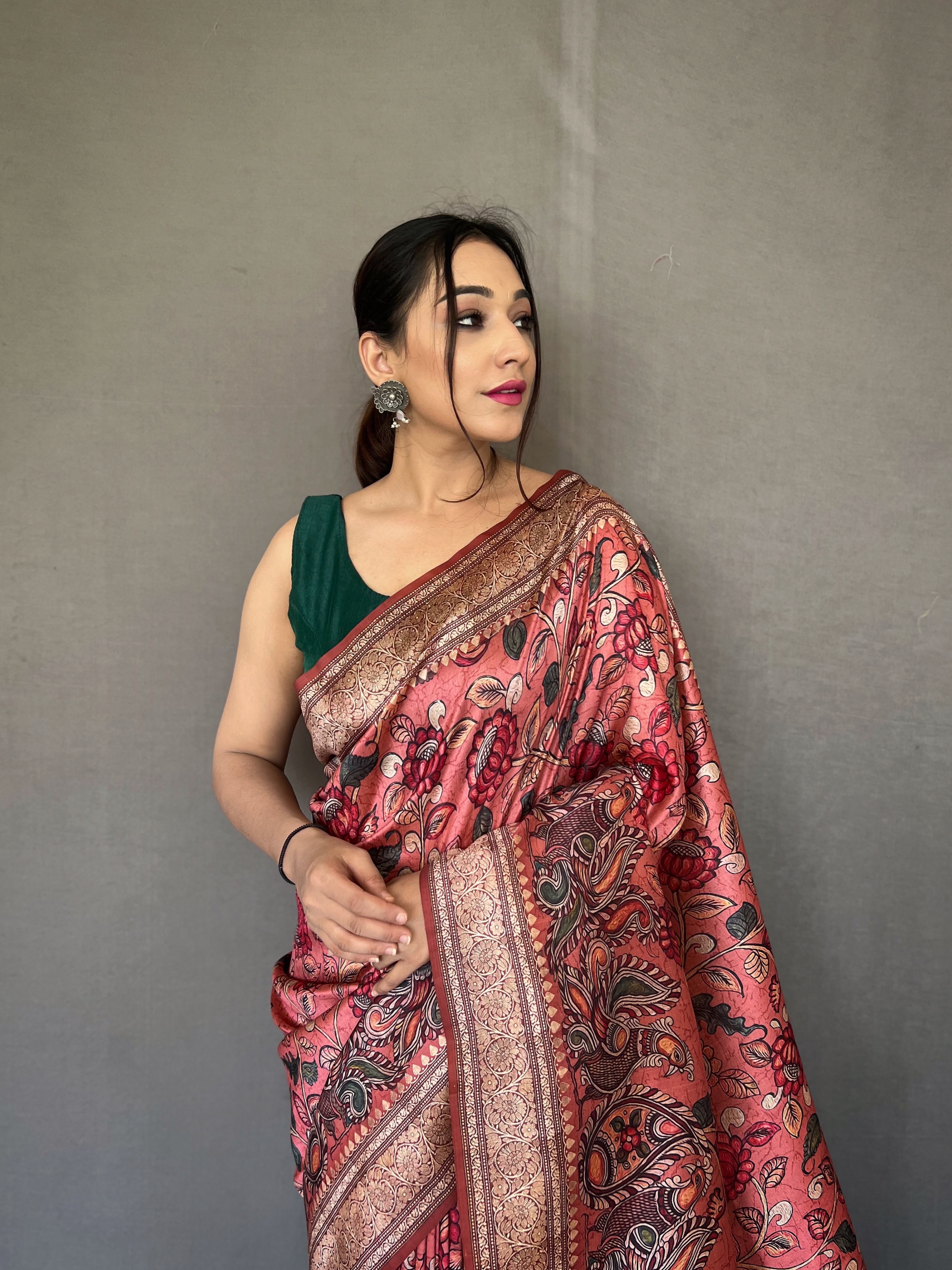 Ethereal Charm in Onion Pink Peach Soft Silk Kalamkari Saree