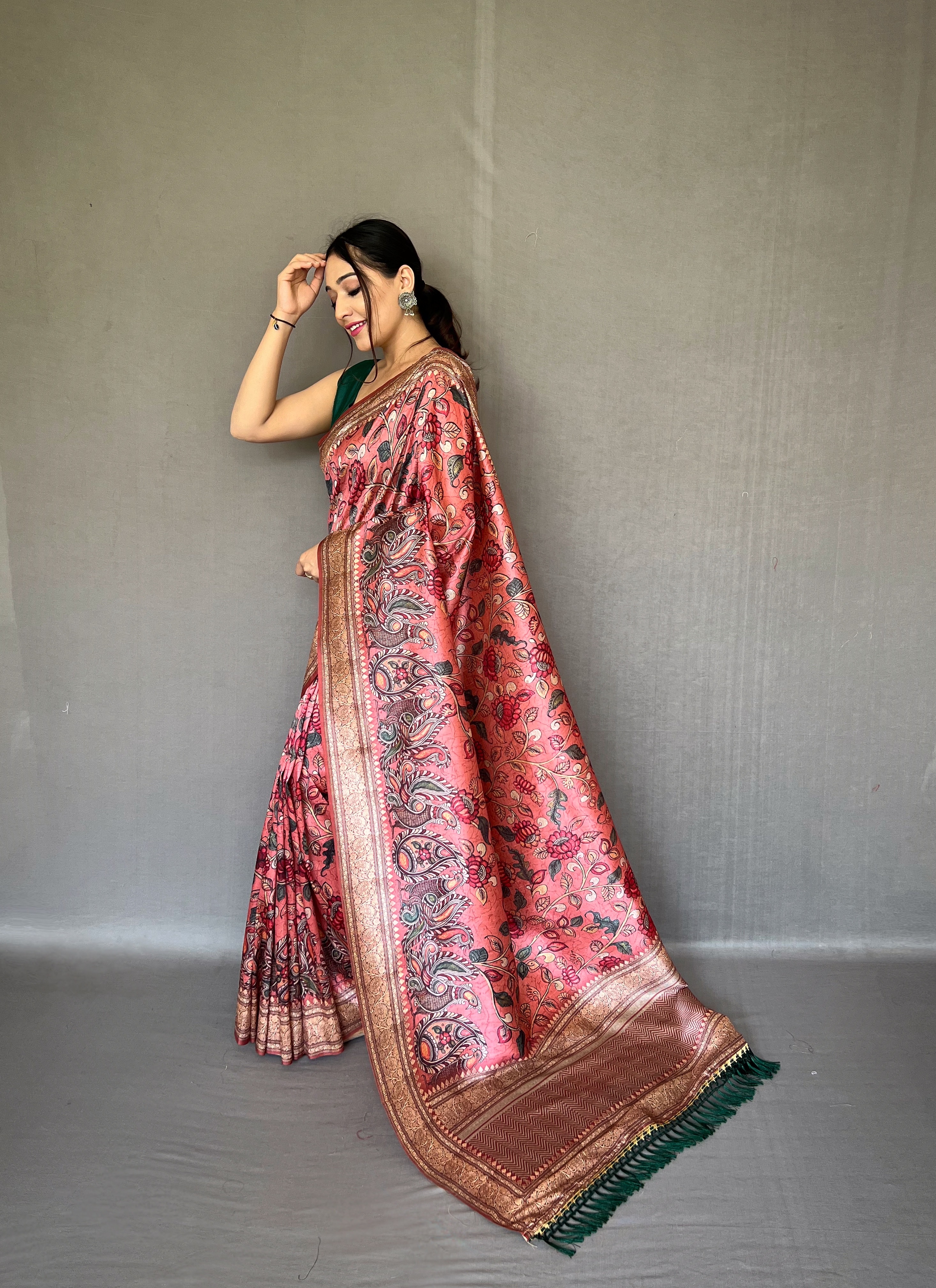 Ethereal Charm in Onion Pink Peach Soft Silk Kalamkari Saree