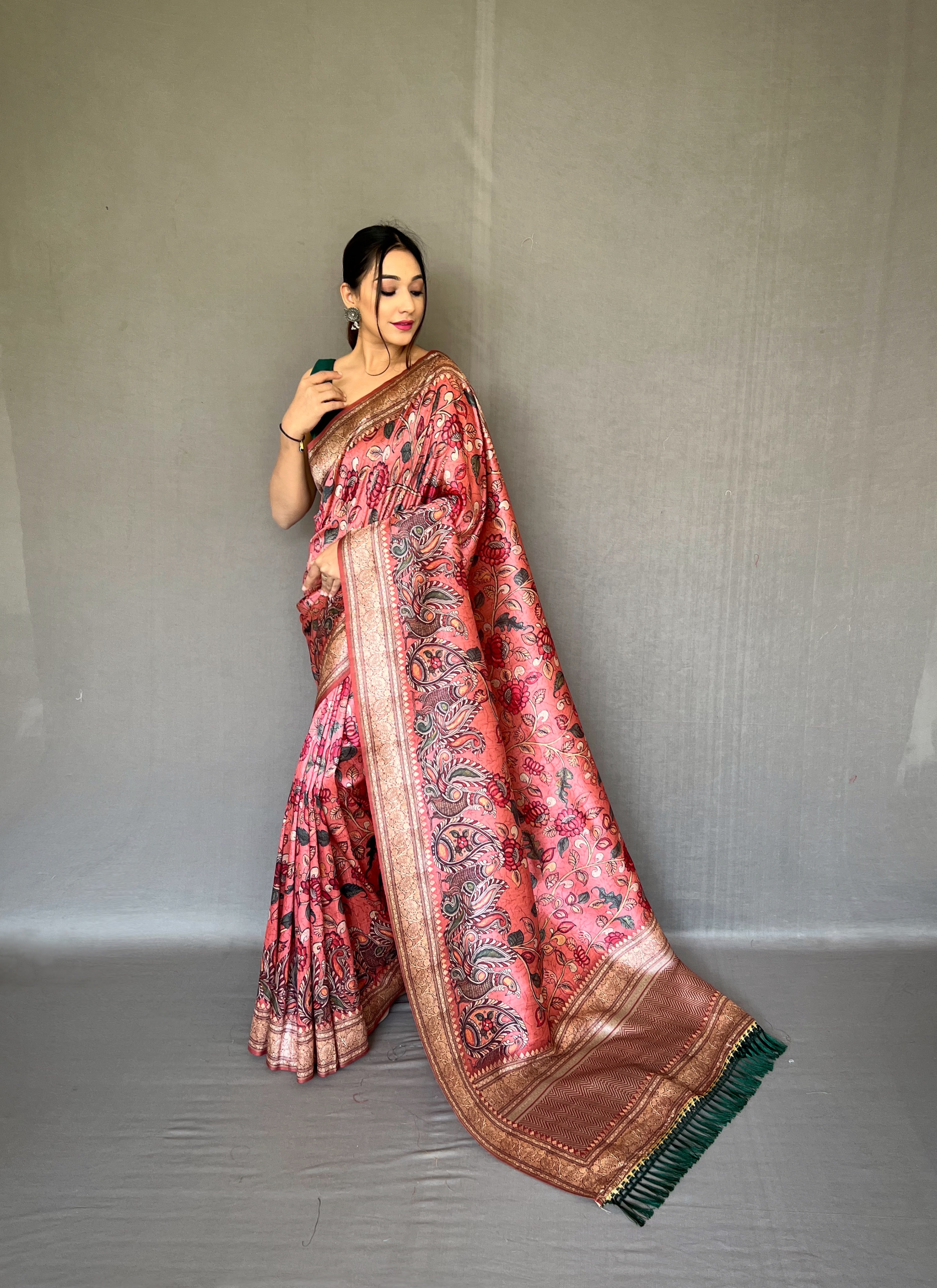 Ethereal Charm in Onion Pink Peach Soft Silk Kalamkari Saree