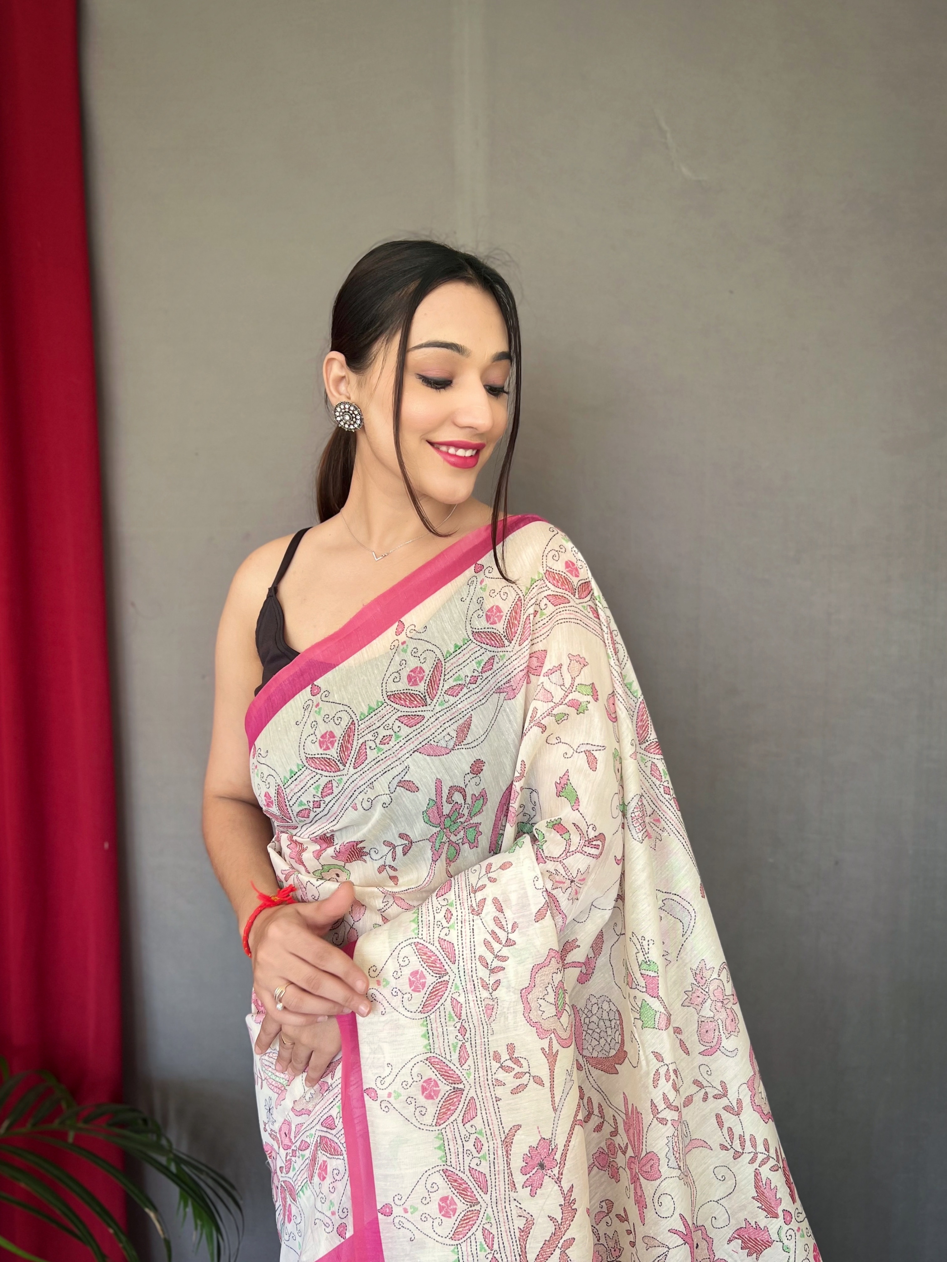 Elegant Charm in White Malai Cotton Printed Saree with Pink Border