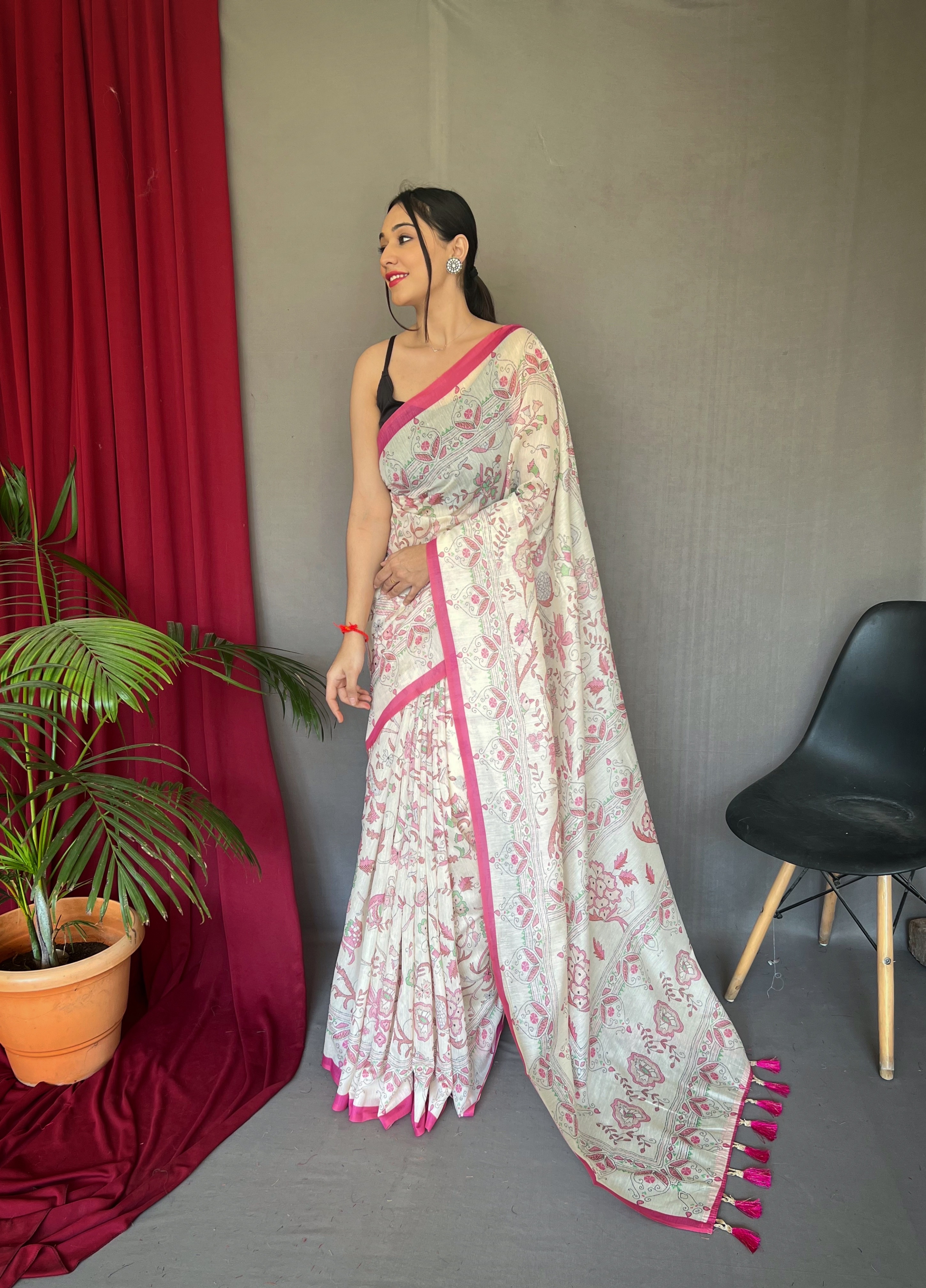Elegant Charm in White Malai Cotton Printed Saree with Pink Border