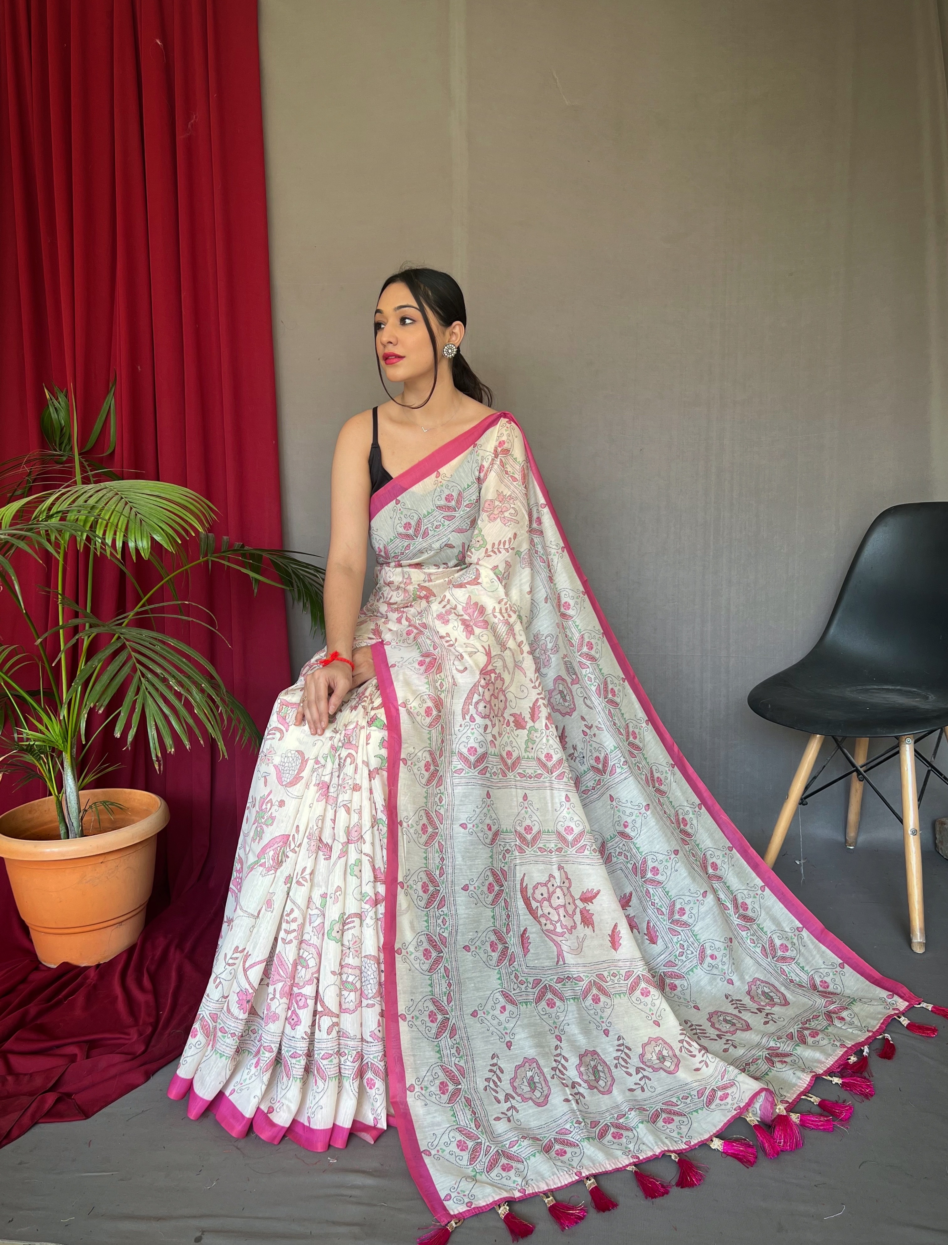 Elegant Charm in White Malai Cotton Printed Saree with Pink Border