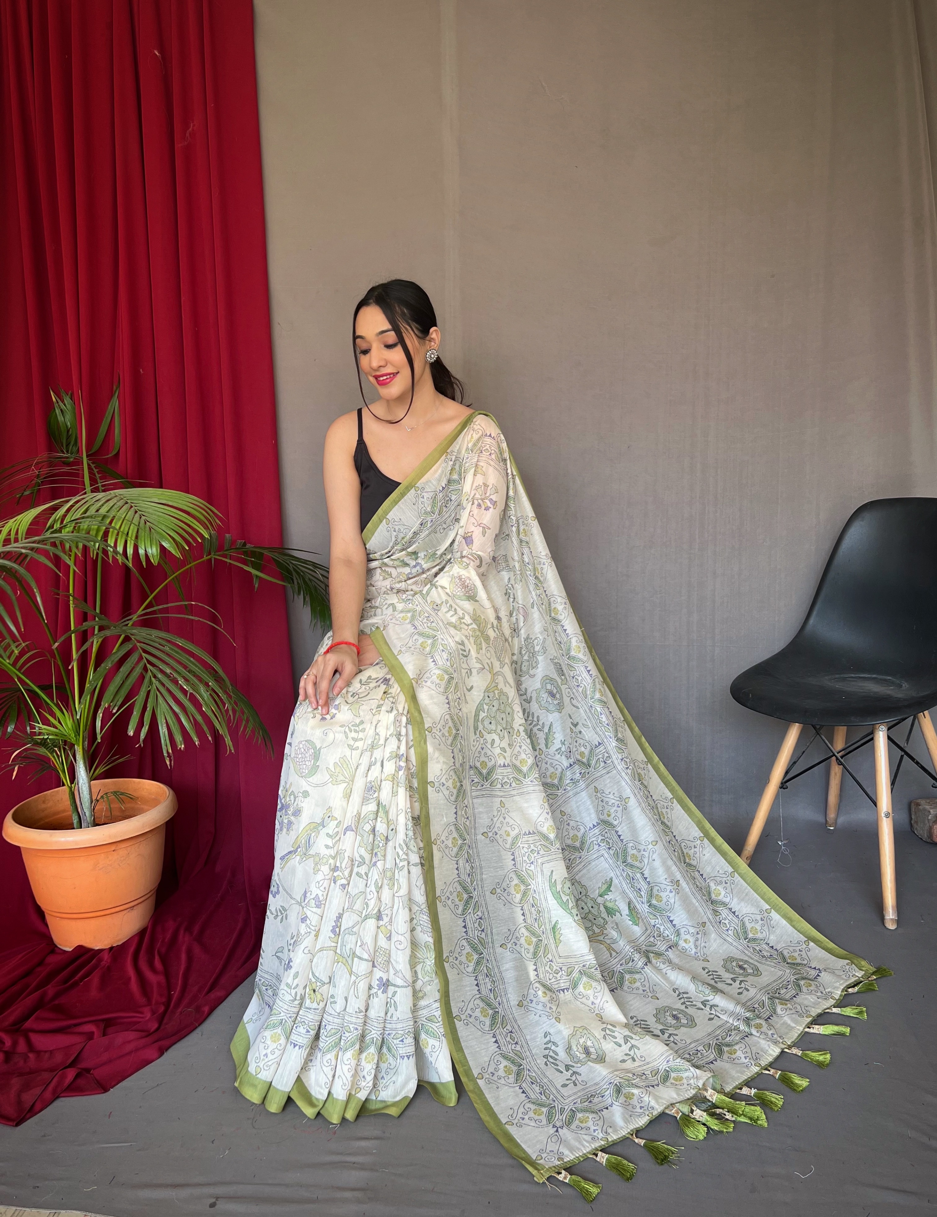 Refreshing Elegance in White Malai Cotton Printed Saree with Green Border