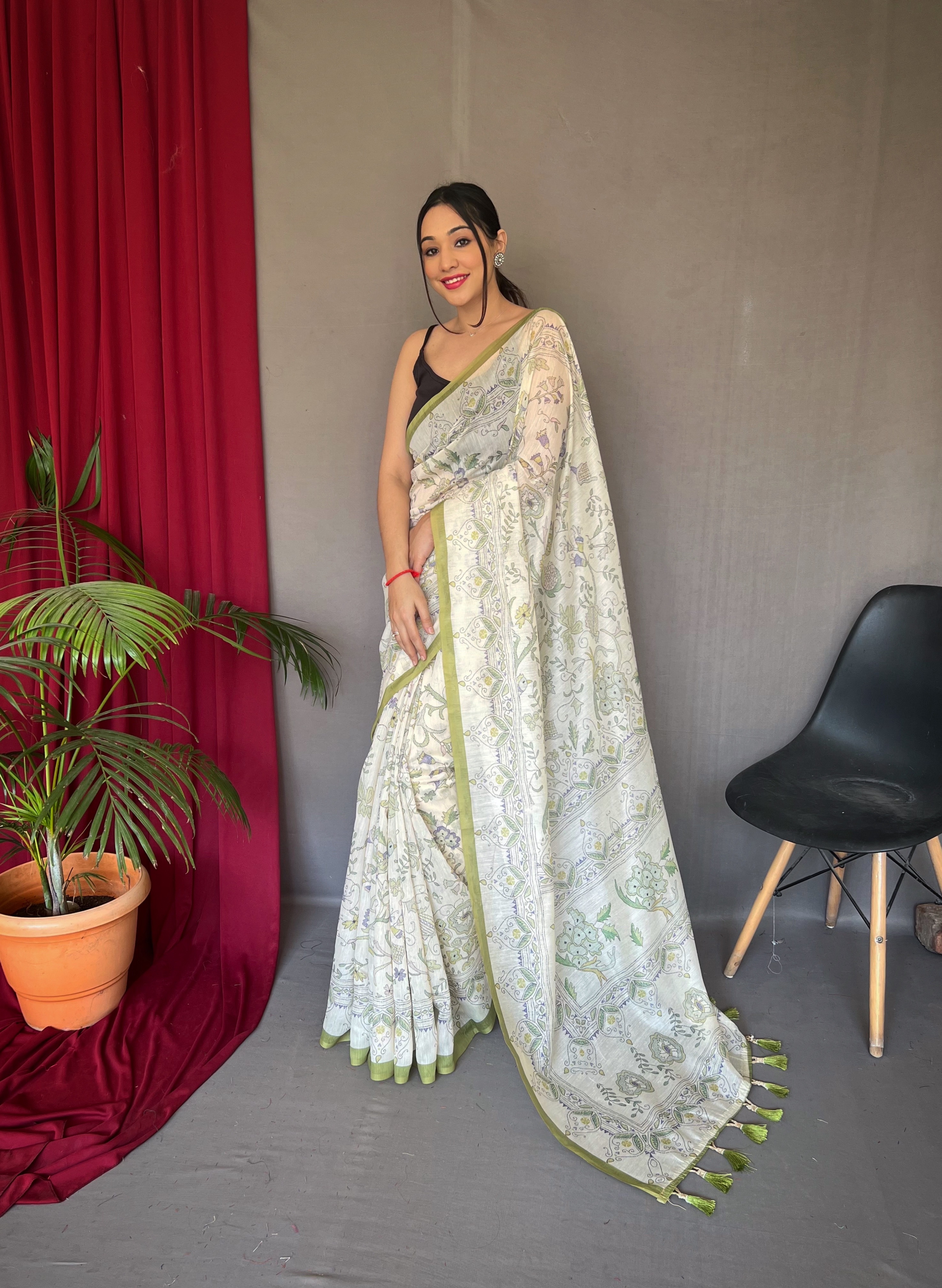 Refreshing Elegance in White Malai Cotton Printed Saree with Green Border