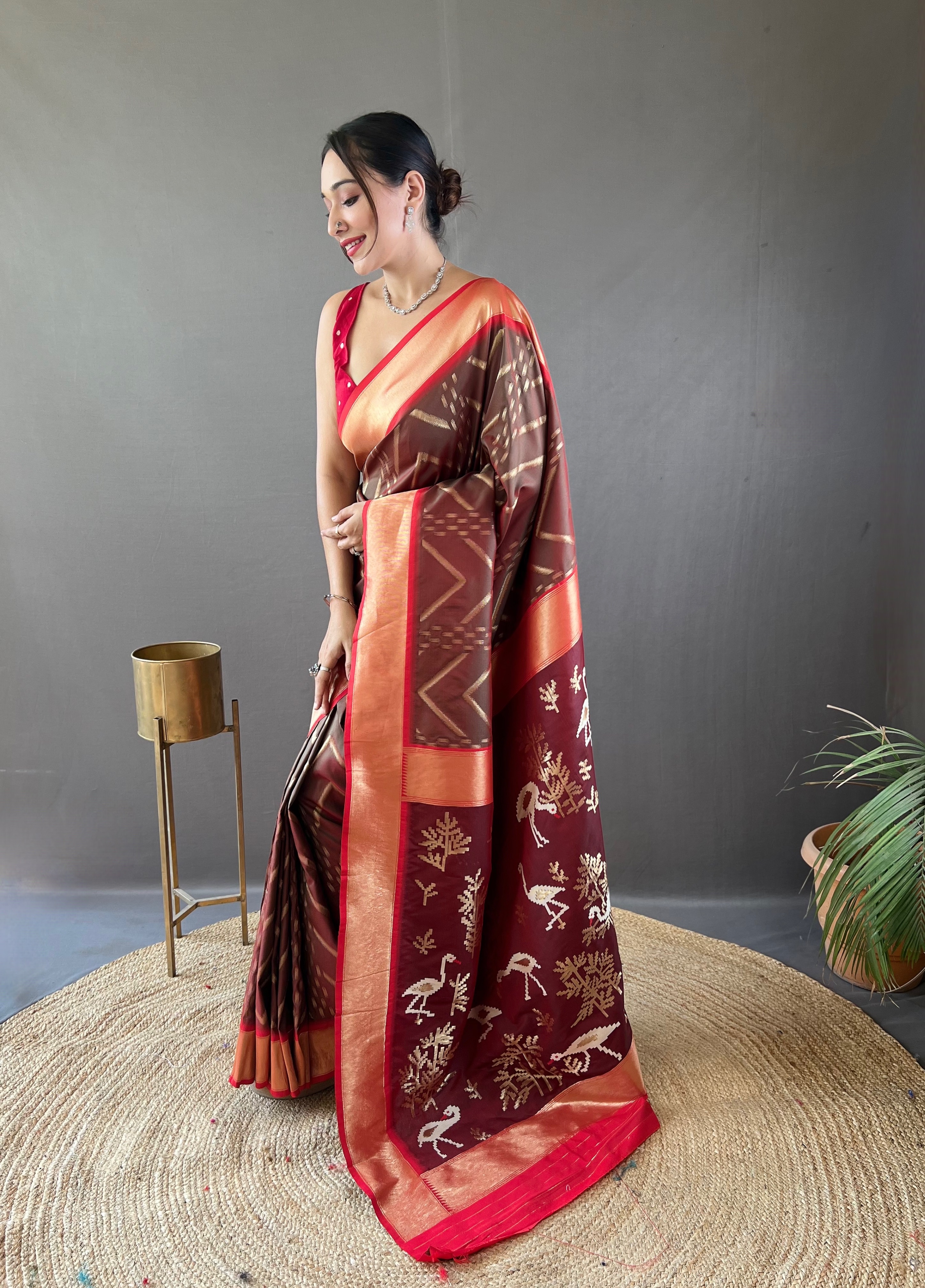 Step into sophistication with this Coffee Brown Soft Silk Saree with Deep Wine Pallu