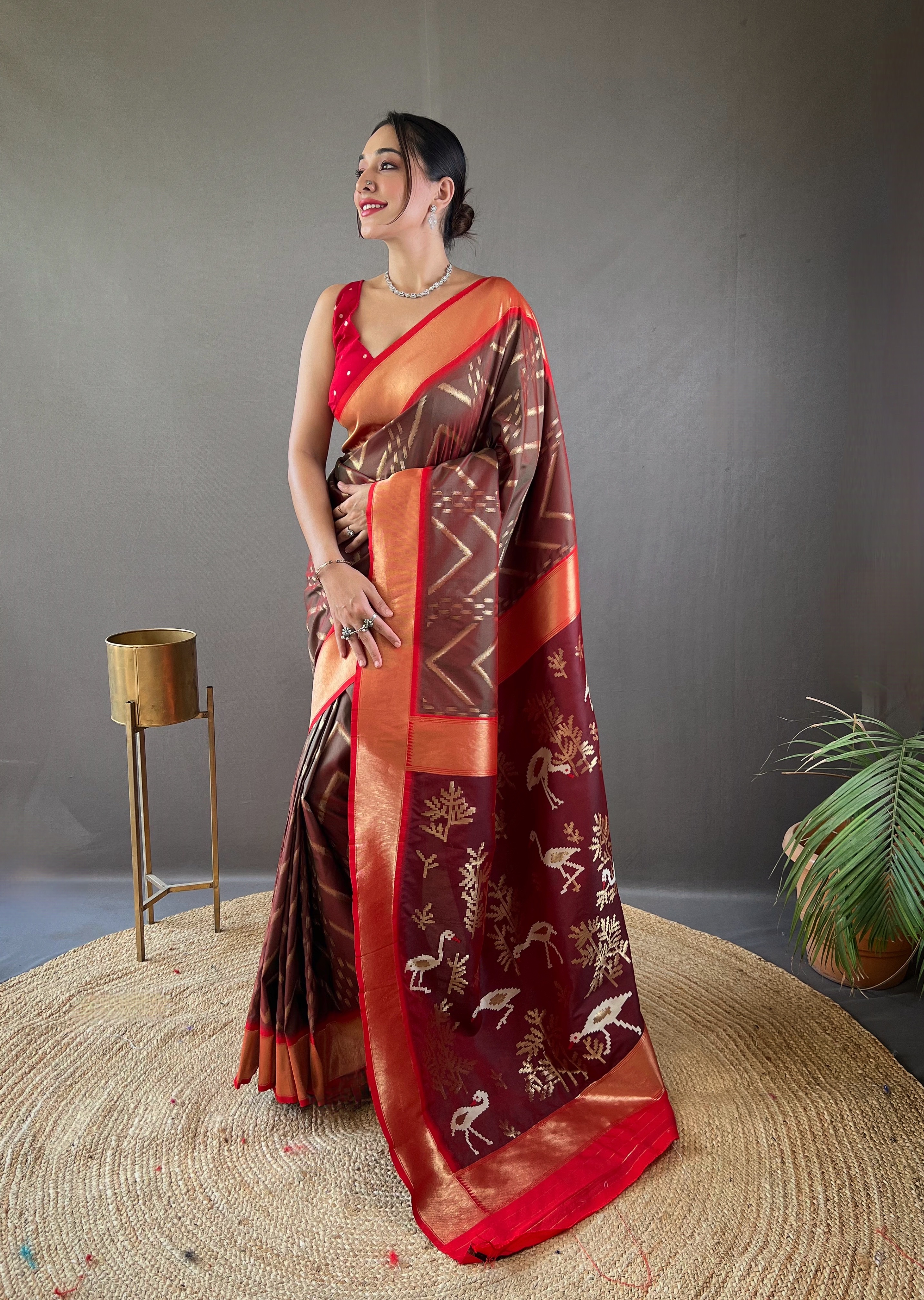Step into sophistication with this Coffee Brown Soft Silk Saree with Deep Wine Pallu