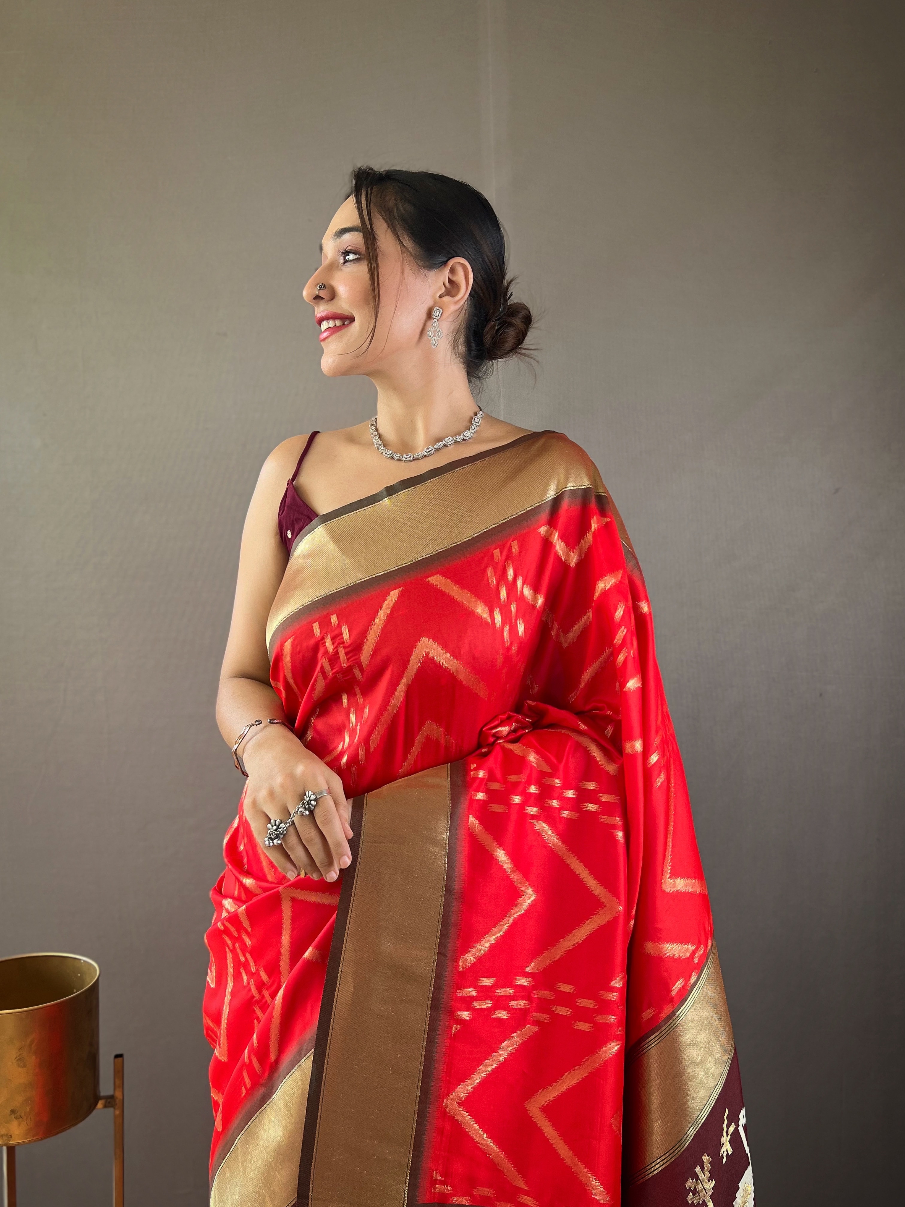 Opulent Elegance in Red Soft Silk Saree with Deep Wine Pallu & Golden Zari Weaving