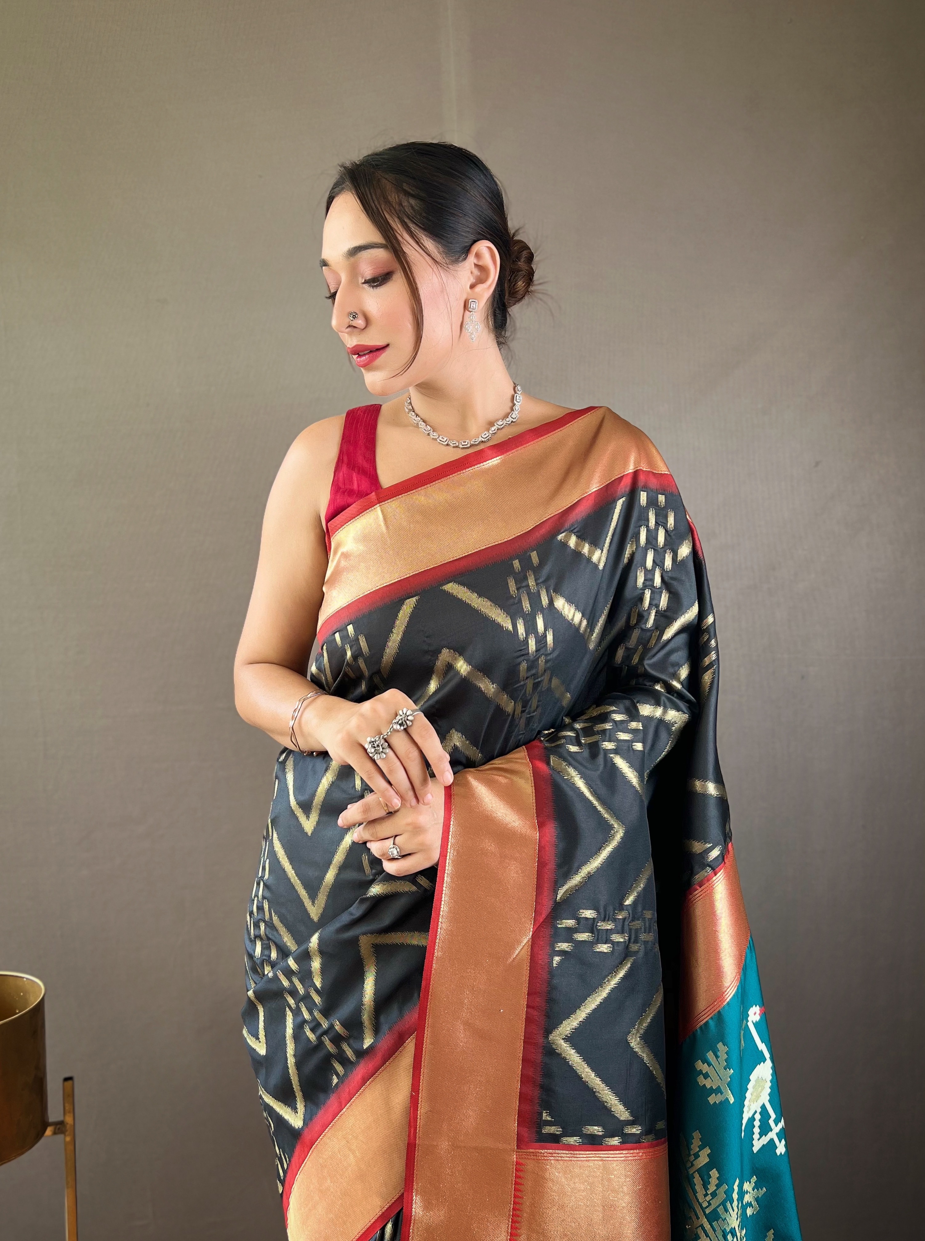 Refined Elegance in Grey Soft Silk Saree with Turquoise Blue Pallu & Golden Zari Border
