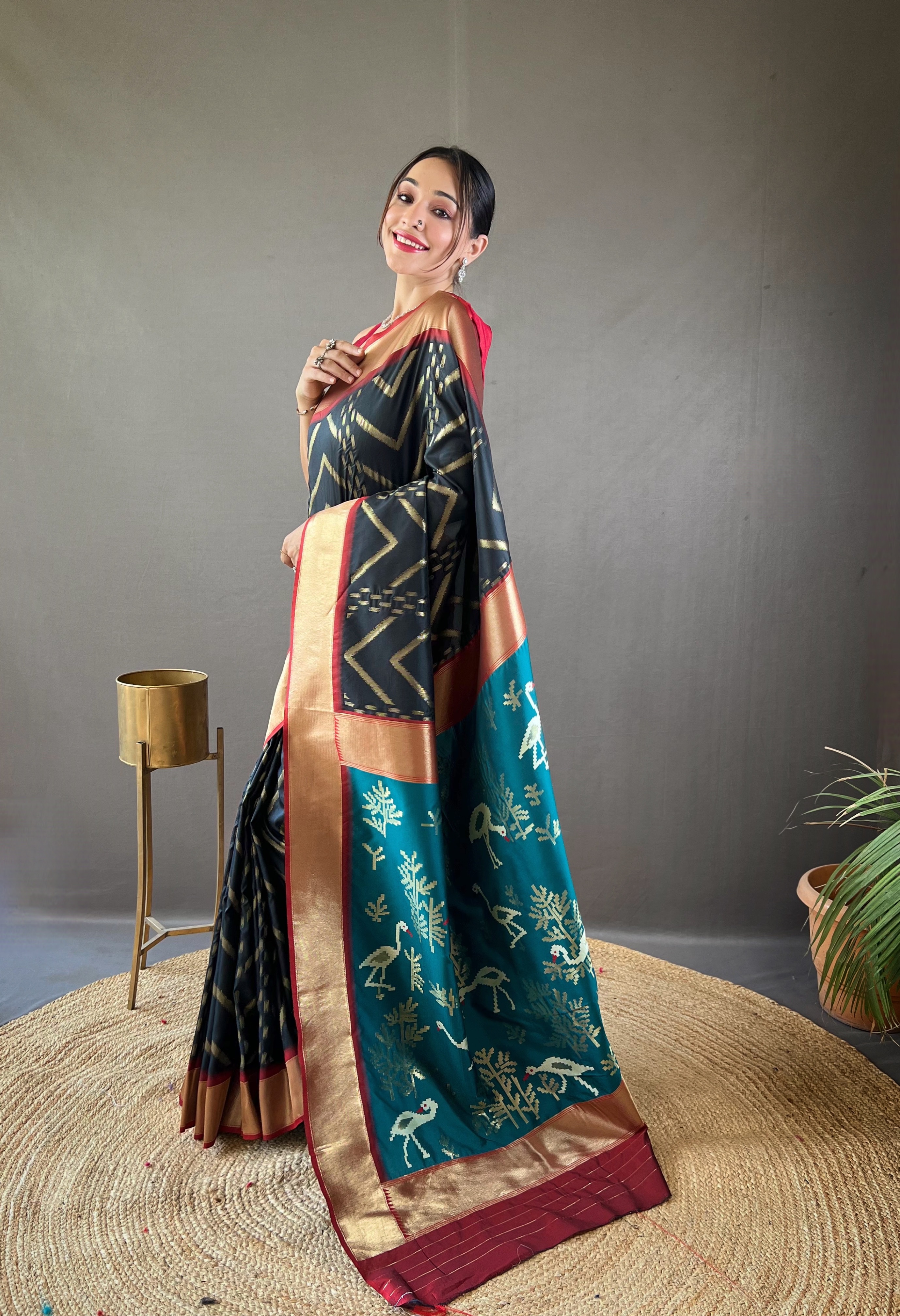 Refined Elegance in Grey Soft Silk Saree with Turquoise Blue Pallu & Golden Zari Border
