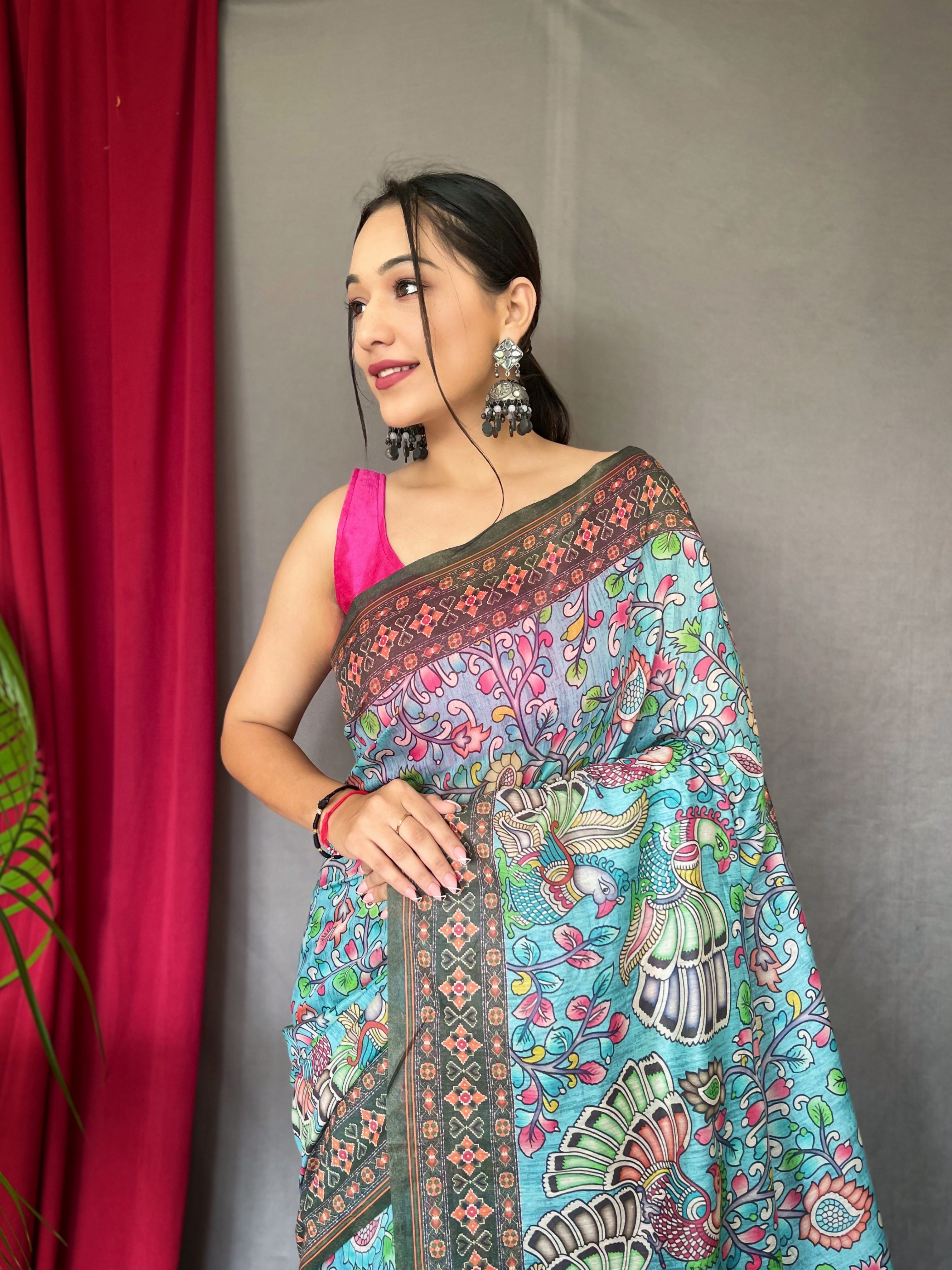 Artistic Elegance in Multicolour Malai Cotton Saree with Sky Blue Base & Kalamkari Print