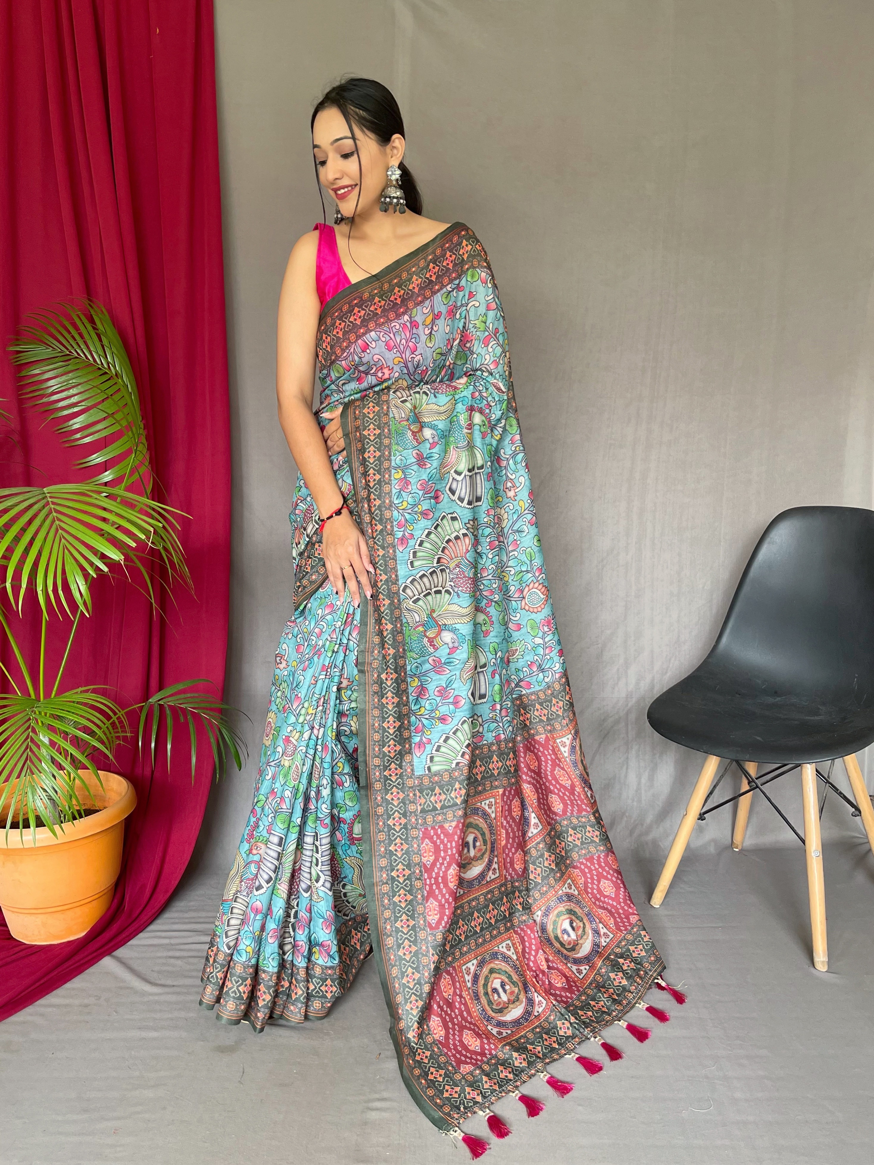 Artistic Elegance in Multicolour Malai Cotton Saree with Sky Blue Base & Kalamkari Print