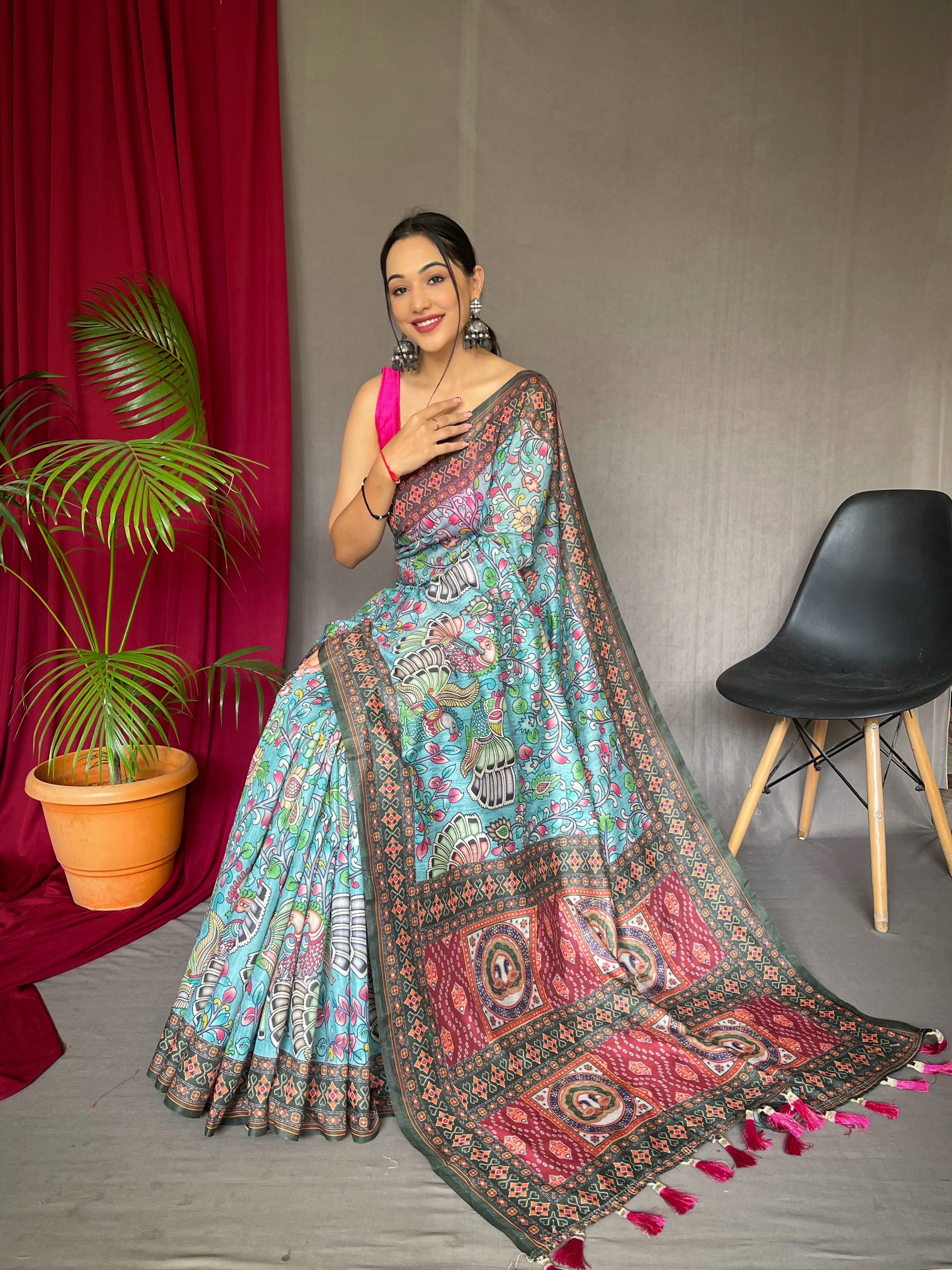 Artistic Elegance in Multicolour Malai Cotton Saree with Sky Blue Base & Kalamkari Print