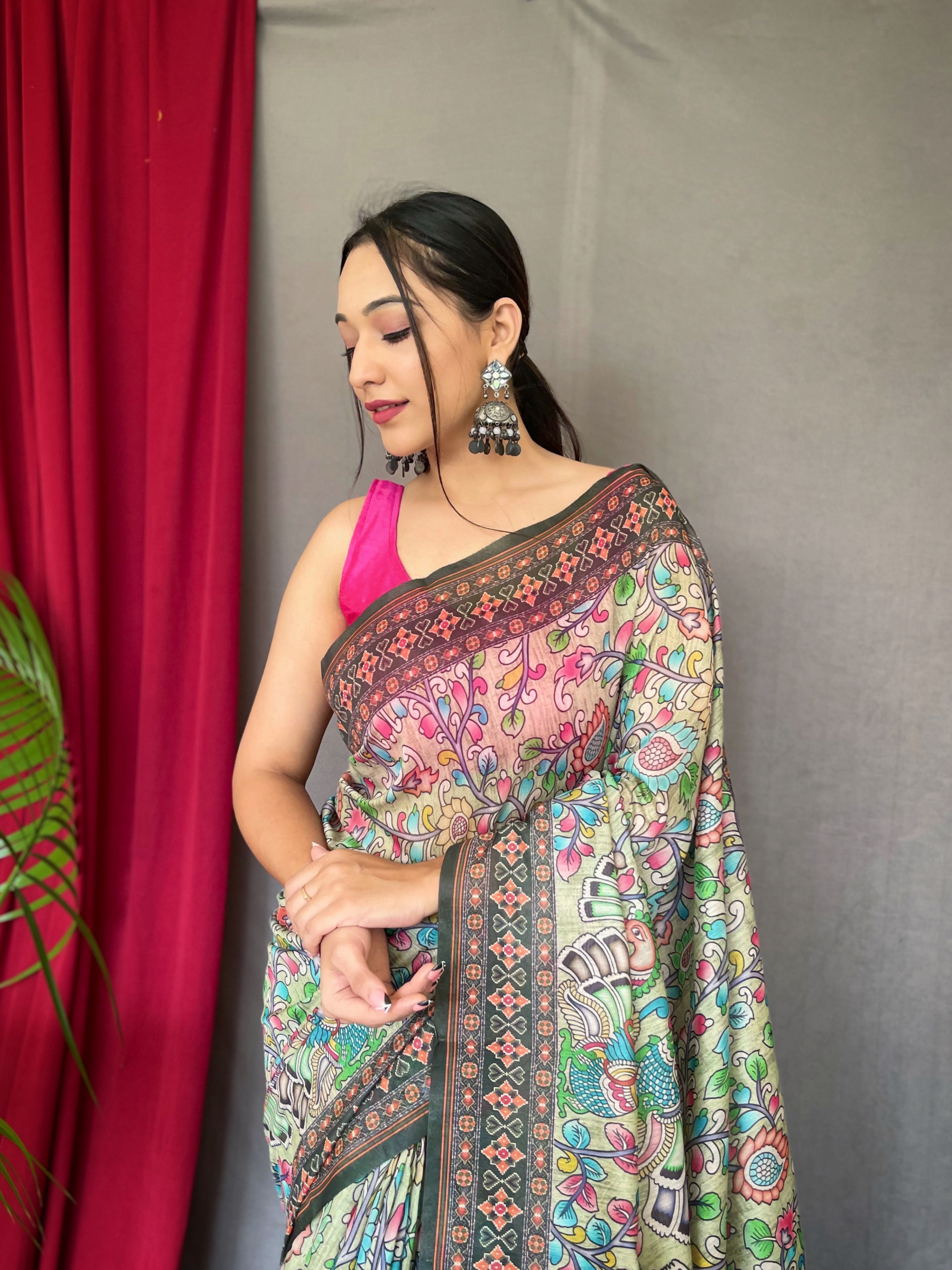 Elegant Multicolour Malai Cotton Saree with Green Base & Kalamkari Print