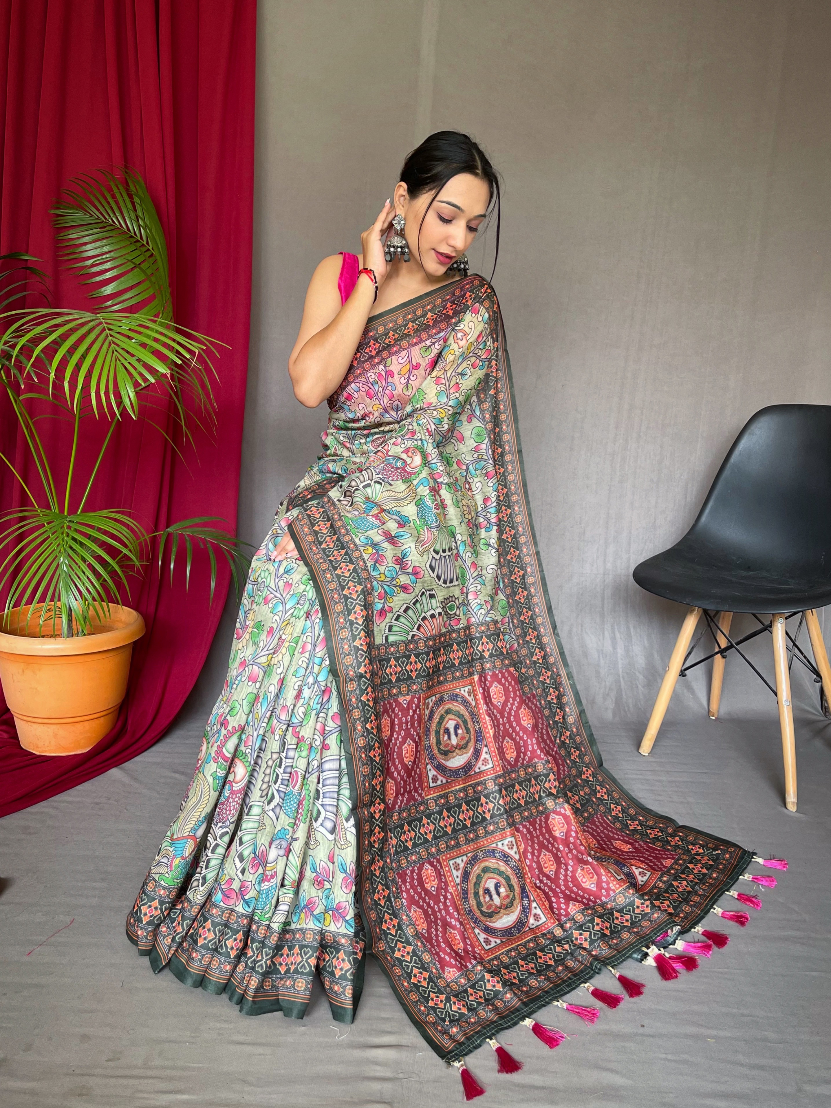 Elegant Multicolour Malai Cotton Saree with Green Base & Kalamkari Print