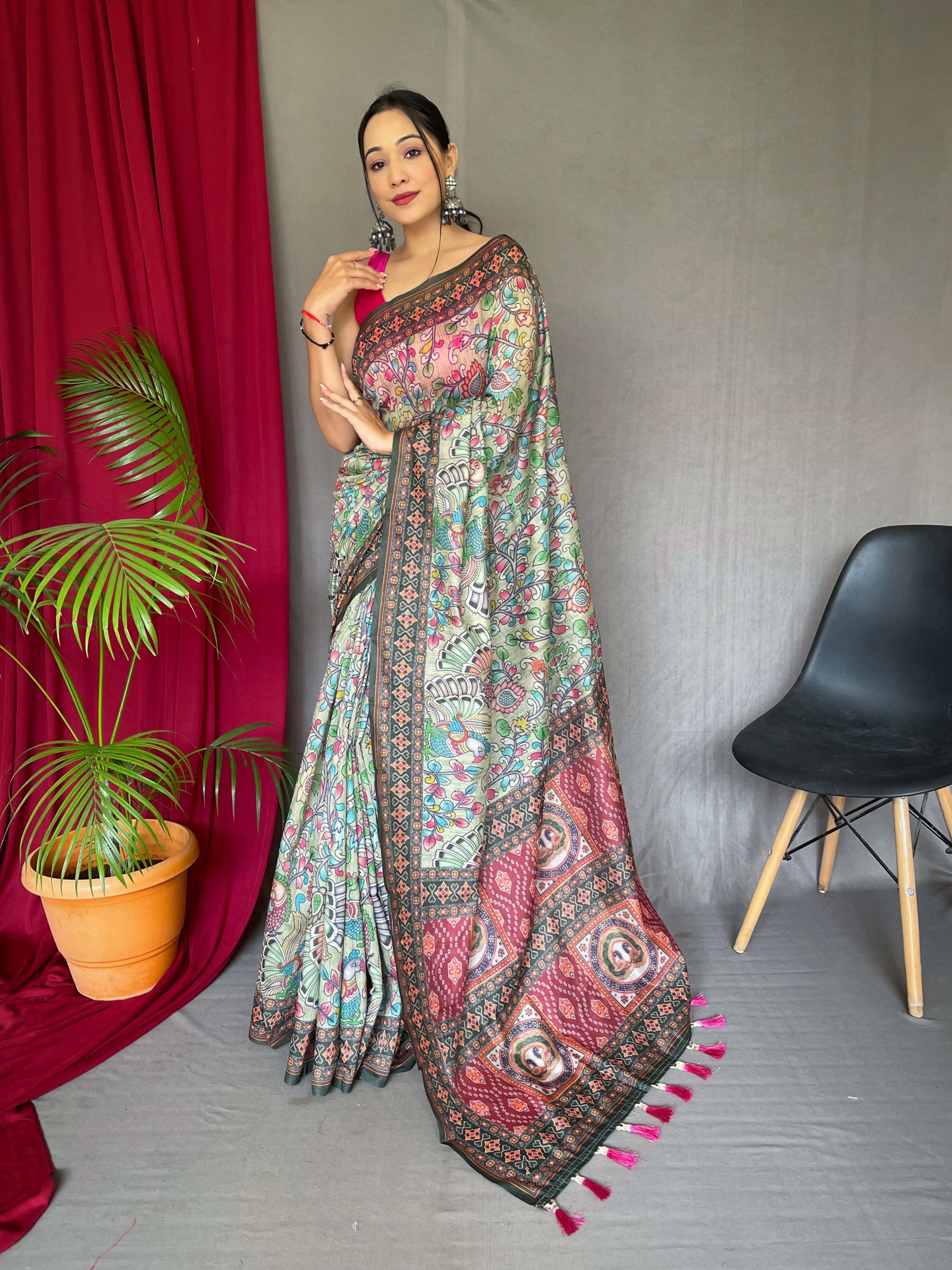 Elegant Multicolour Malai Cotton Saree with Green Base & Kalamkari Print