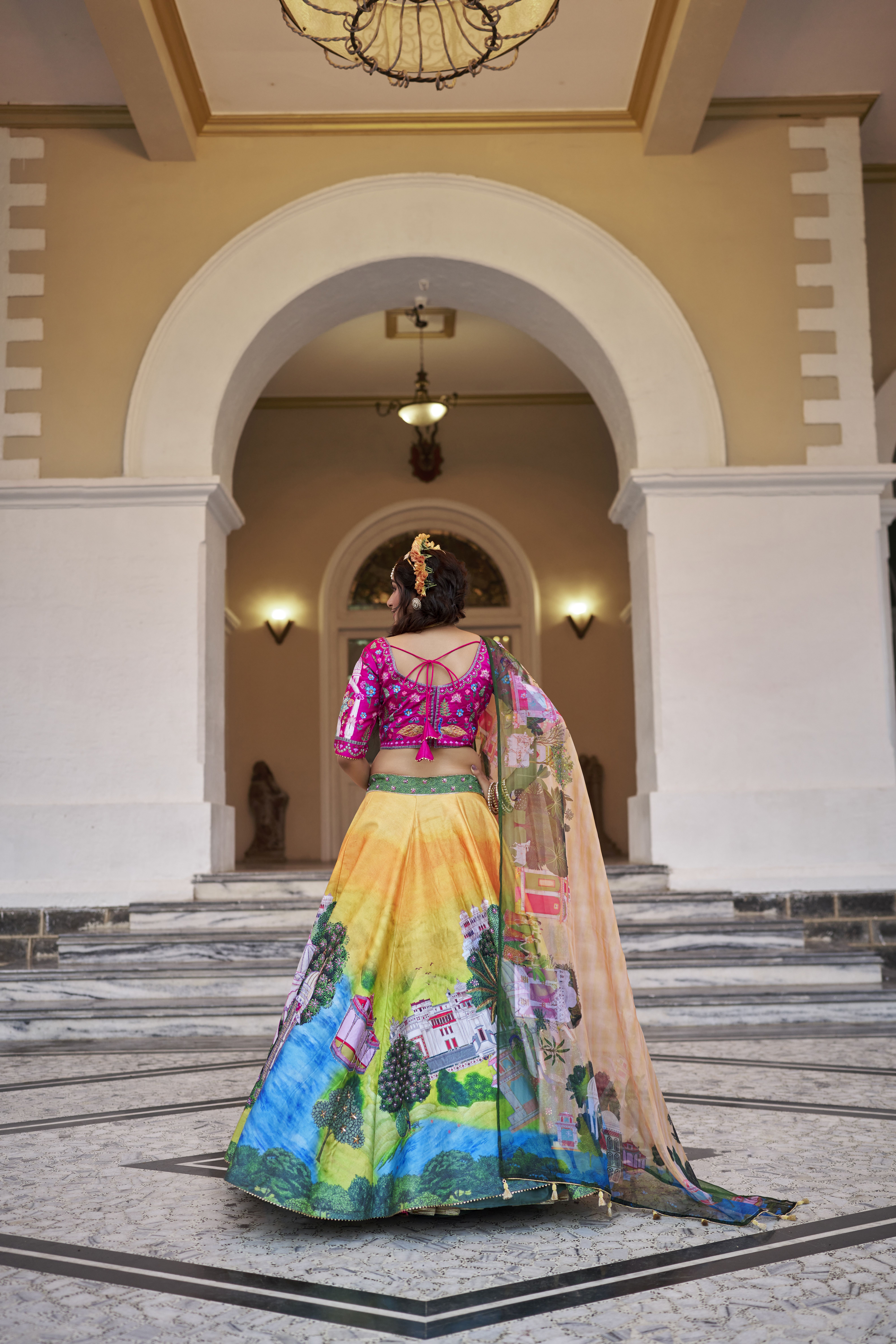 Yellow Designer Lehenga with Pink Blouse Gujarat Inspired Prints & Heavy Handwork