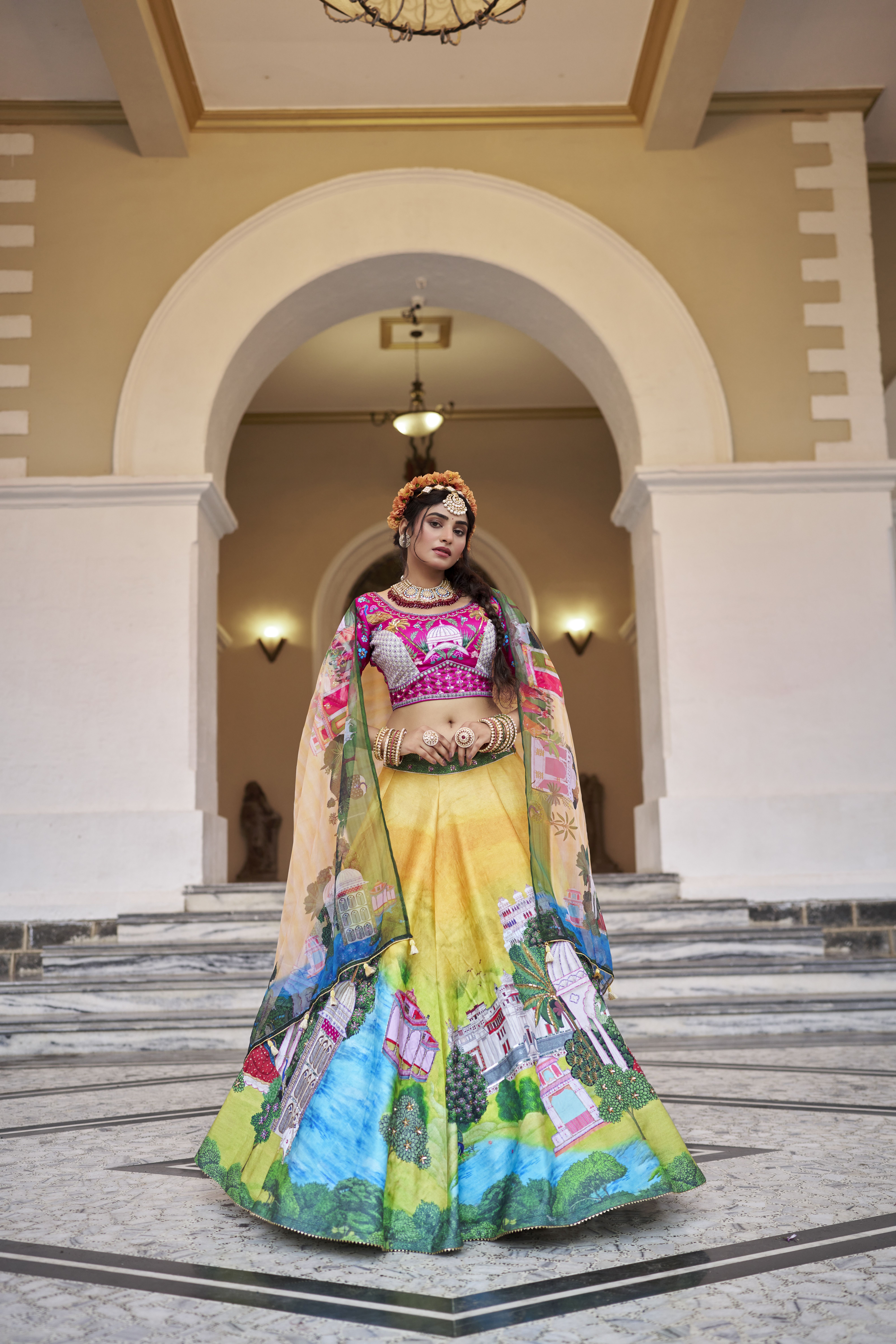 Yellow Designer Lehenga with Pink Blouse Gujarat Inspired Prints & Heavy Handwork