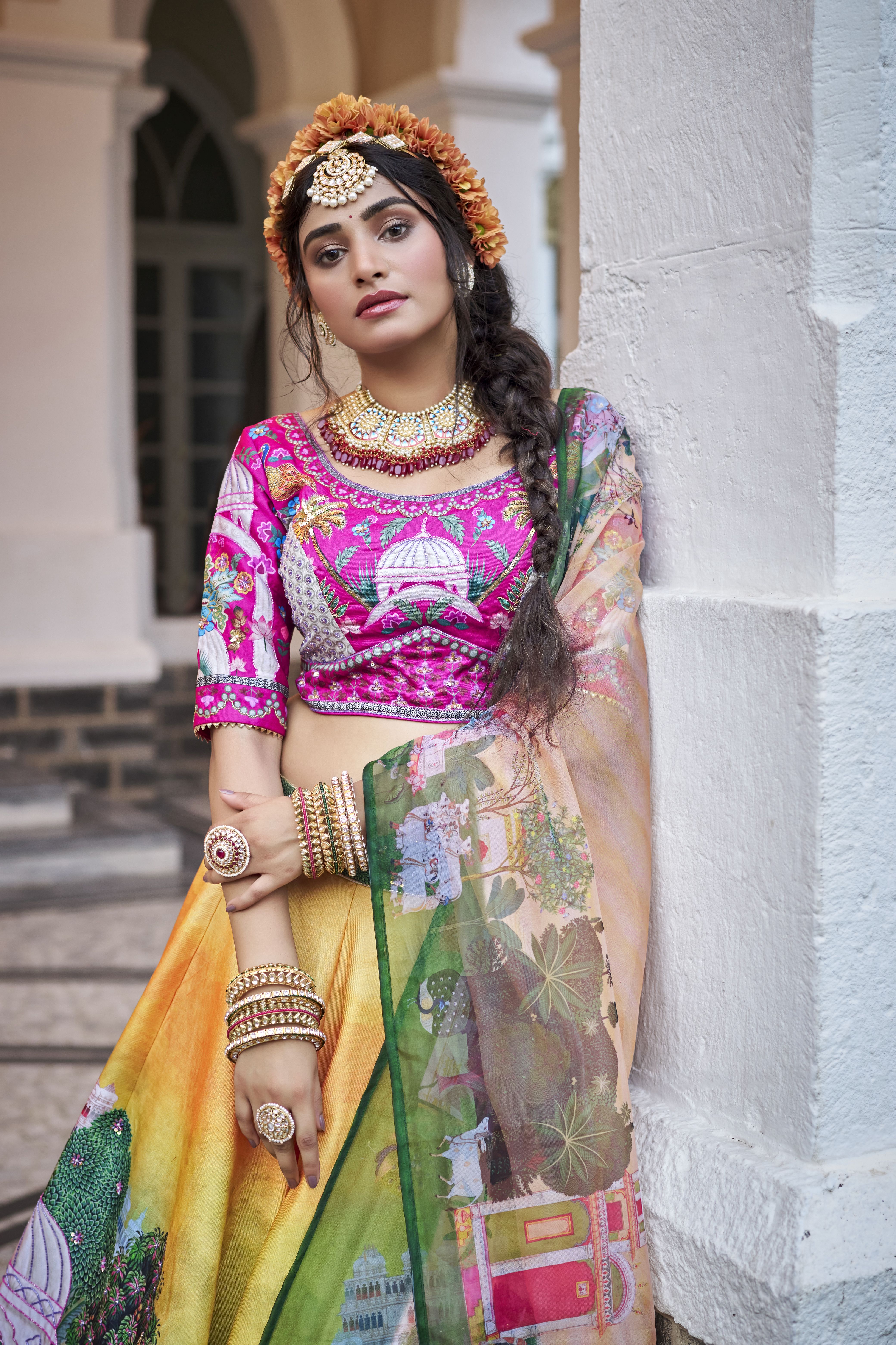 Yellow Designer Lehenga with Pink Blouse Gujarat Inspired Prints & Heavy Handwork