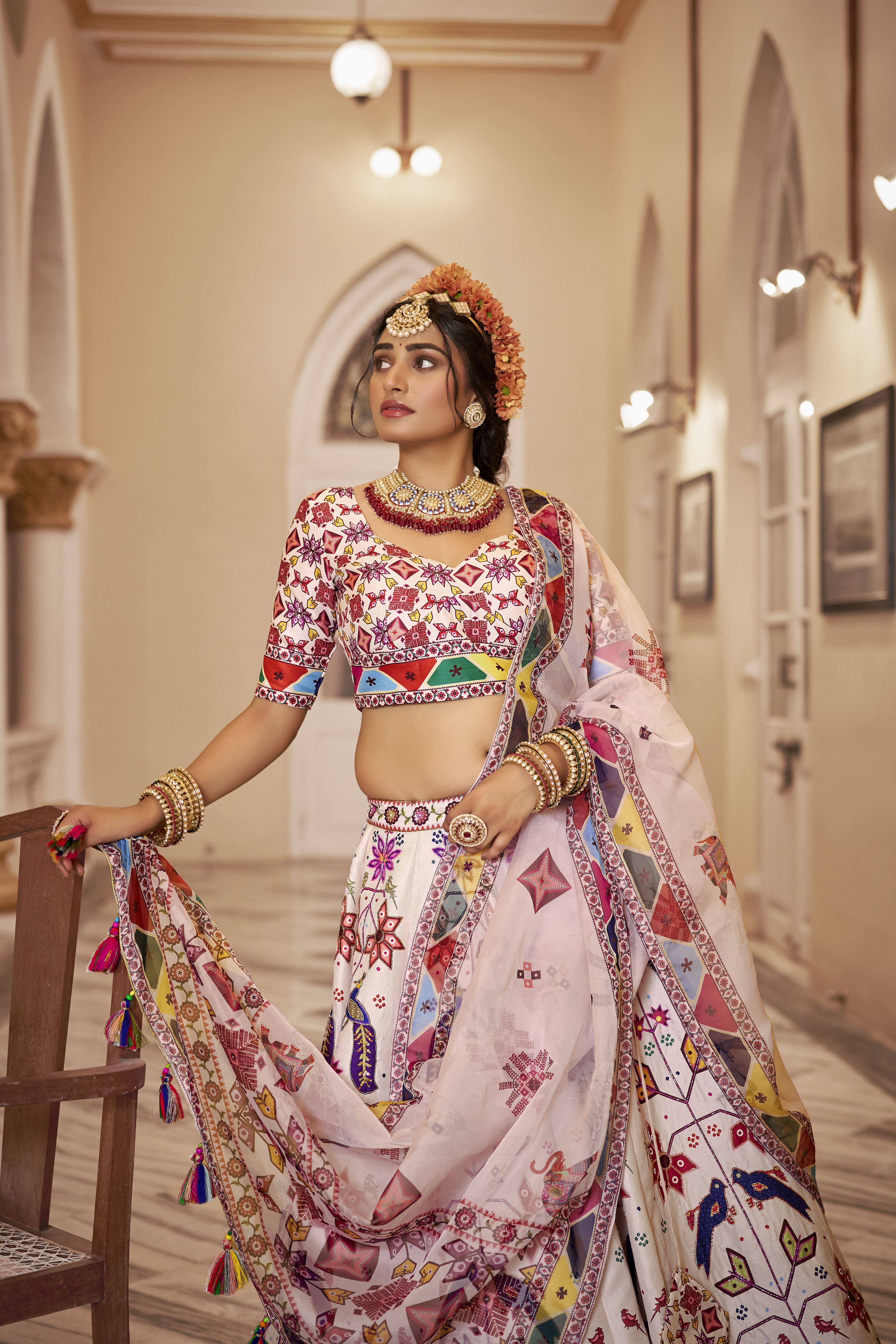 Off-White Designer Lehenga with Matching Blouse and Organza Dupatta