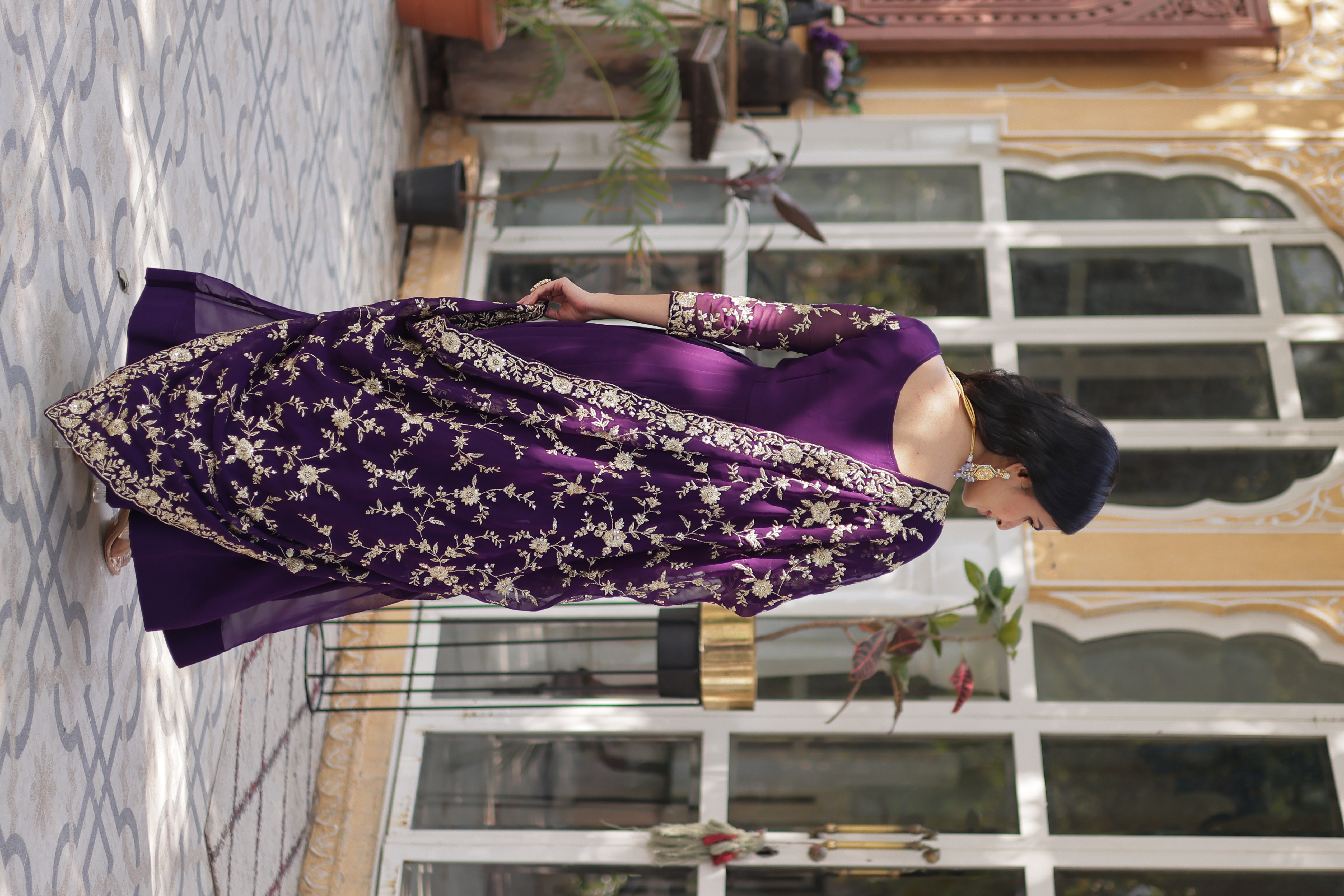 Radiate Festive Elegance in this Purple Gown-Style Suit