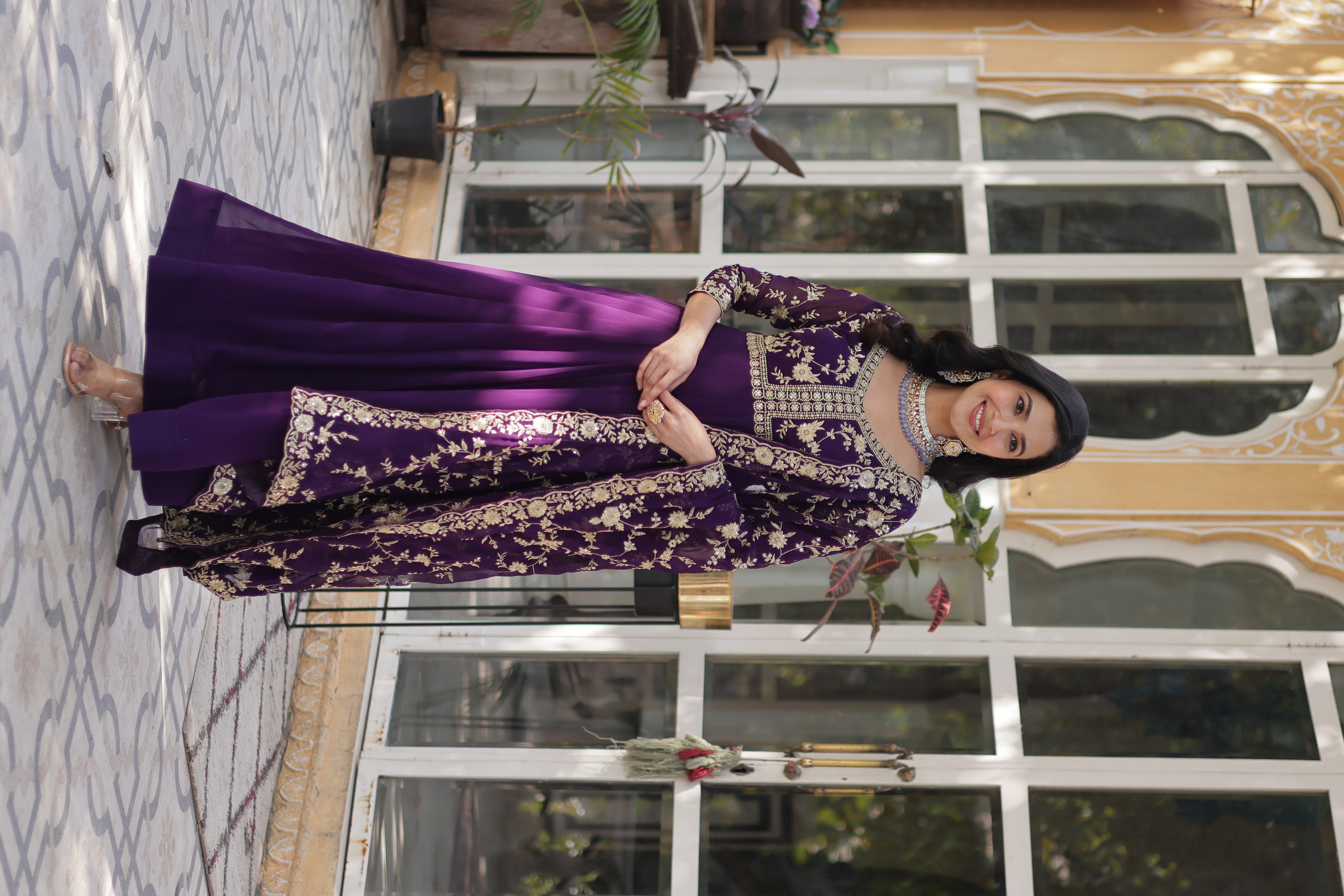Radiate Festive Elegance in this Purple Gown-Style Suit