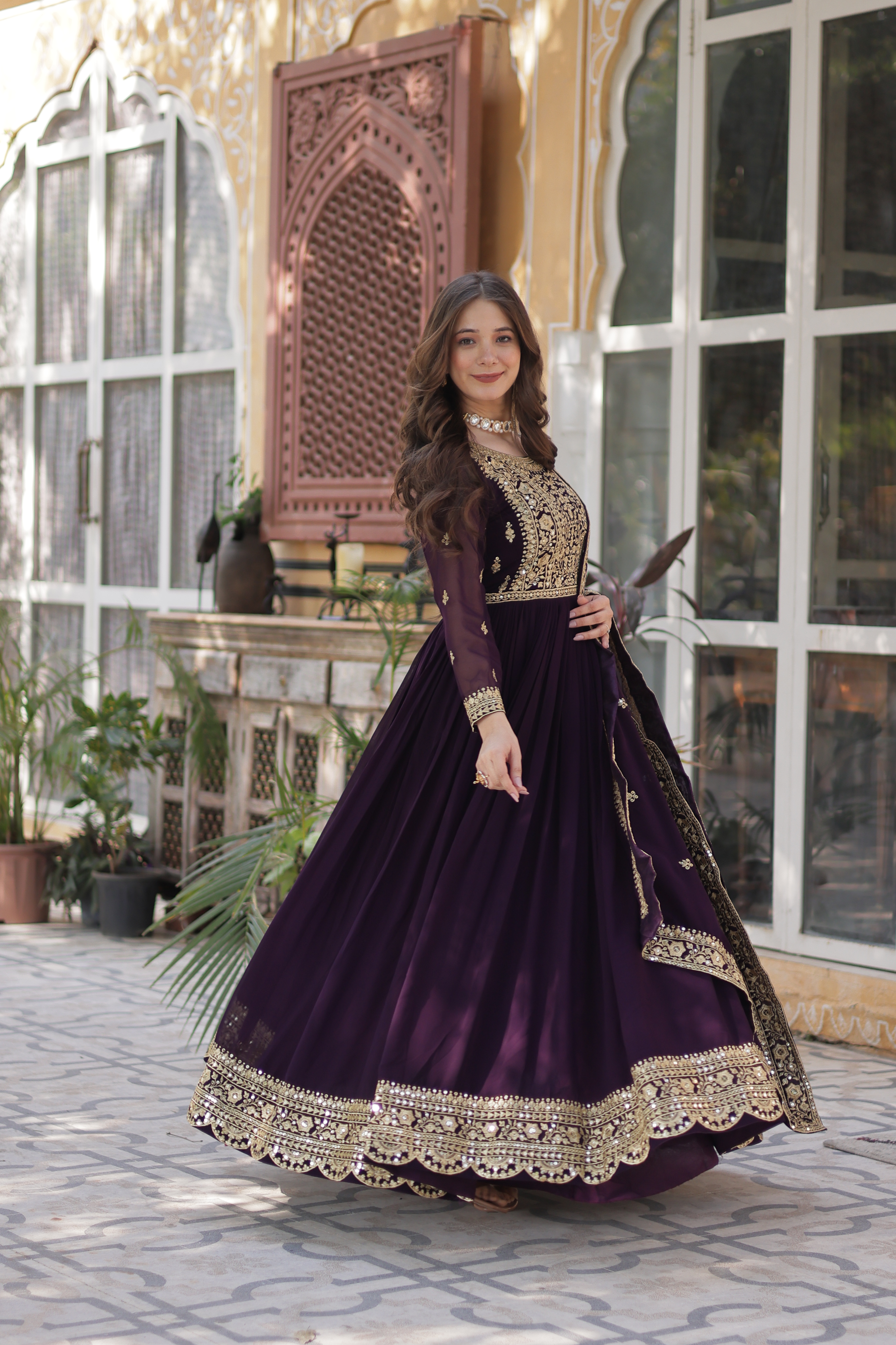 Wine Colour Gown-Style Salwar Suit