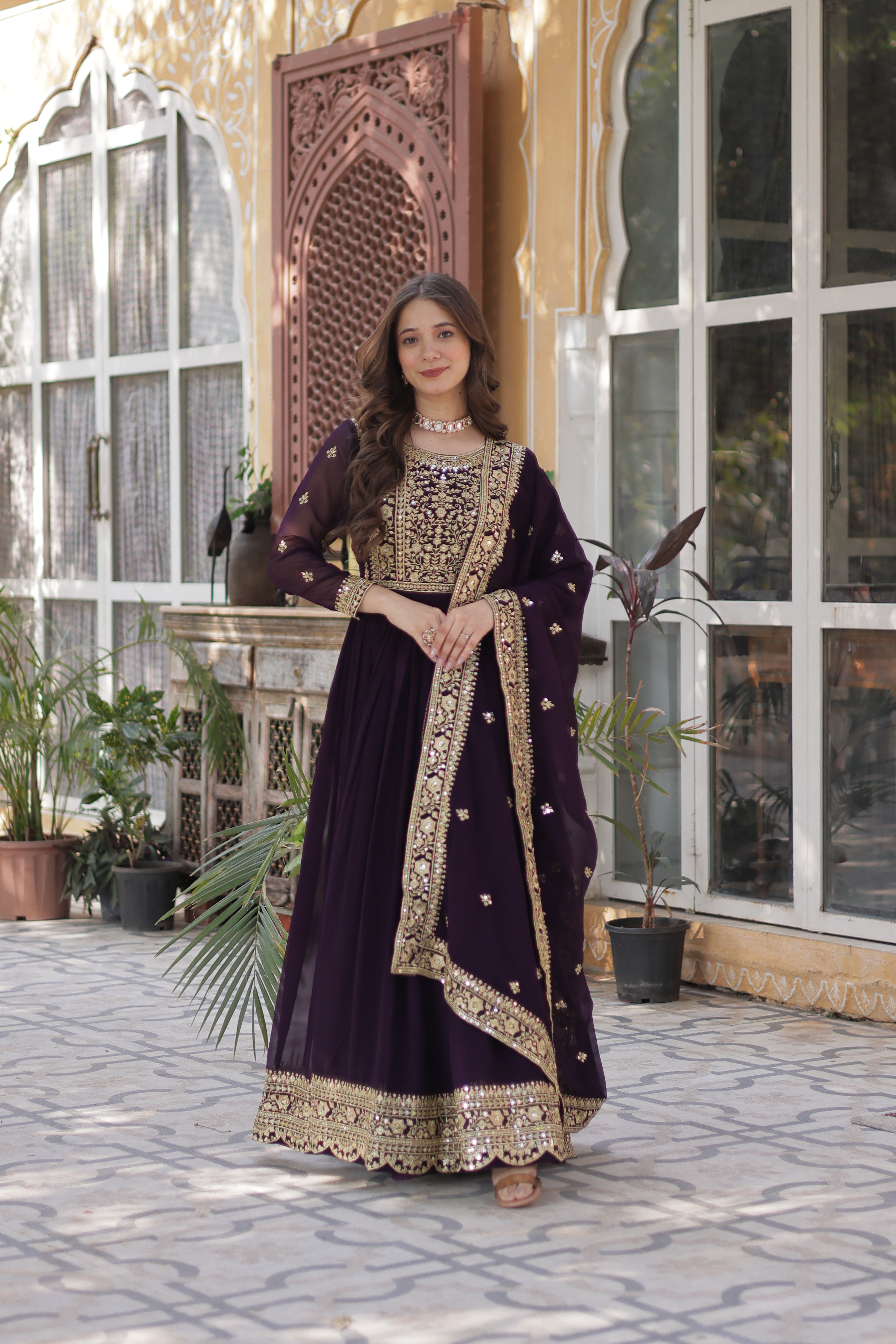 Wine Colour Gown-Style Salwar Suit