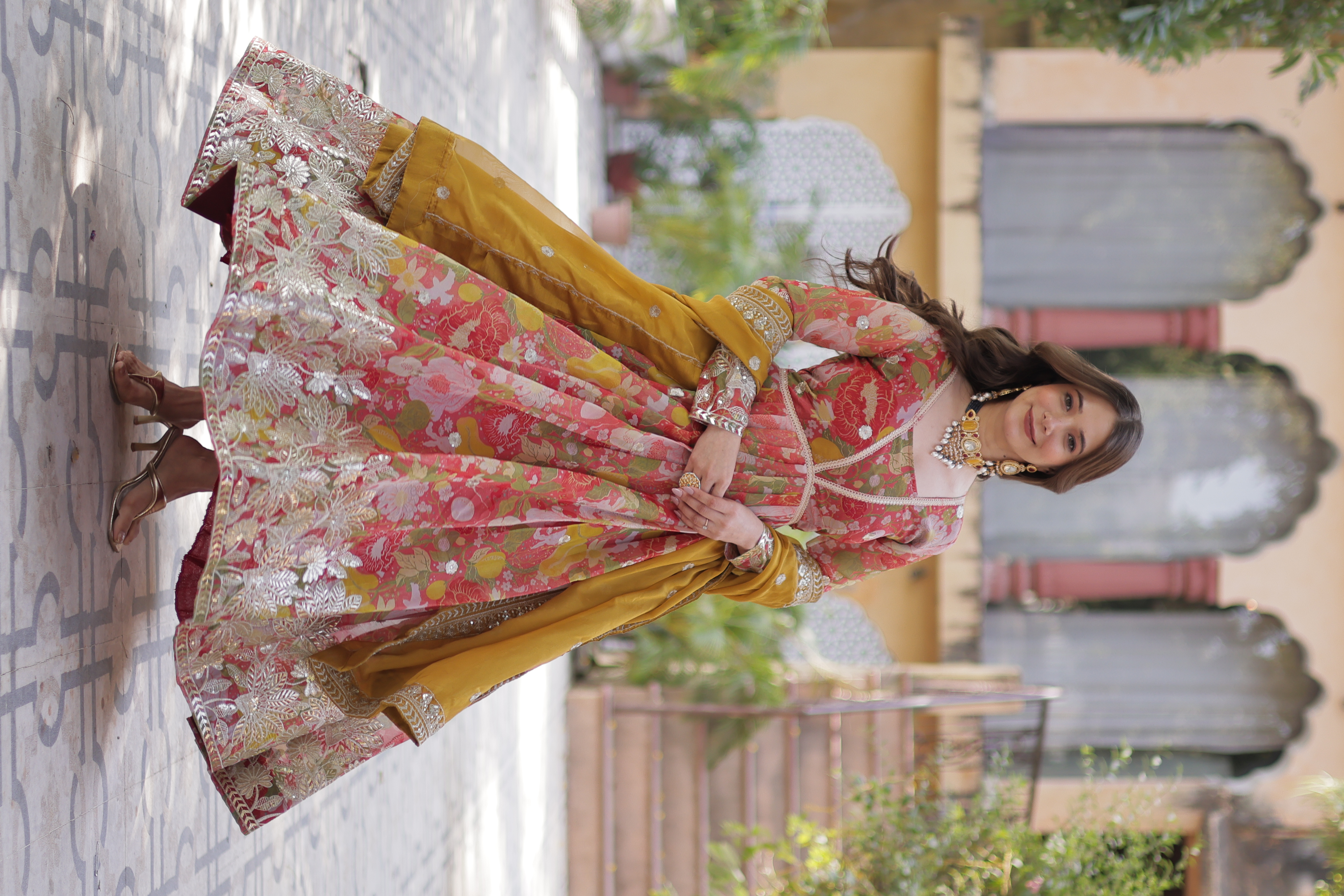 Red Russian Silk Long Top with Mustard Dupatta