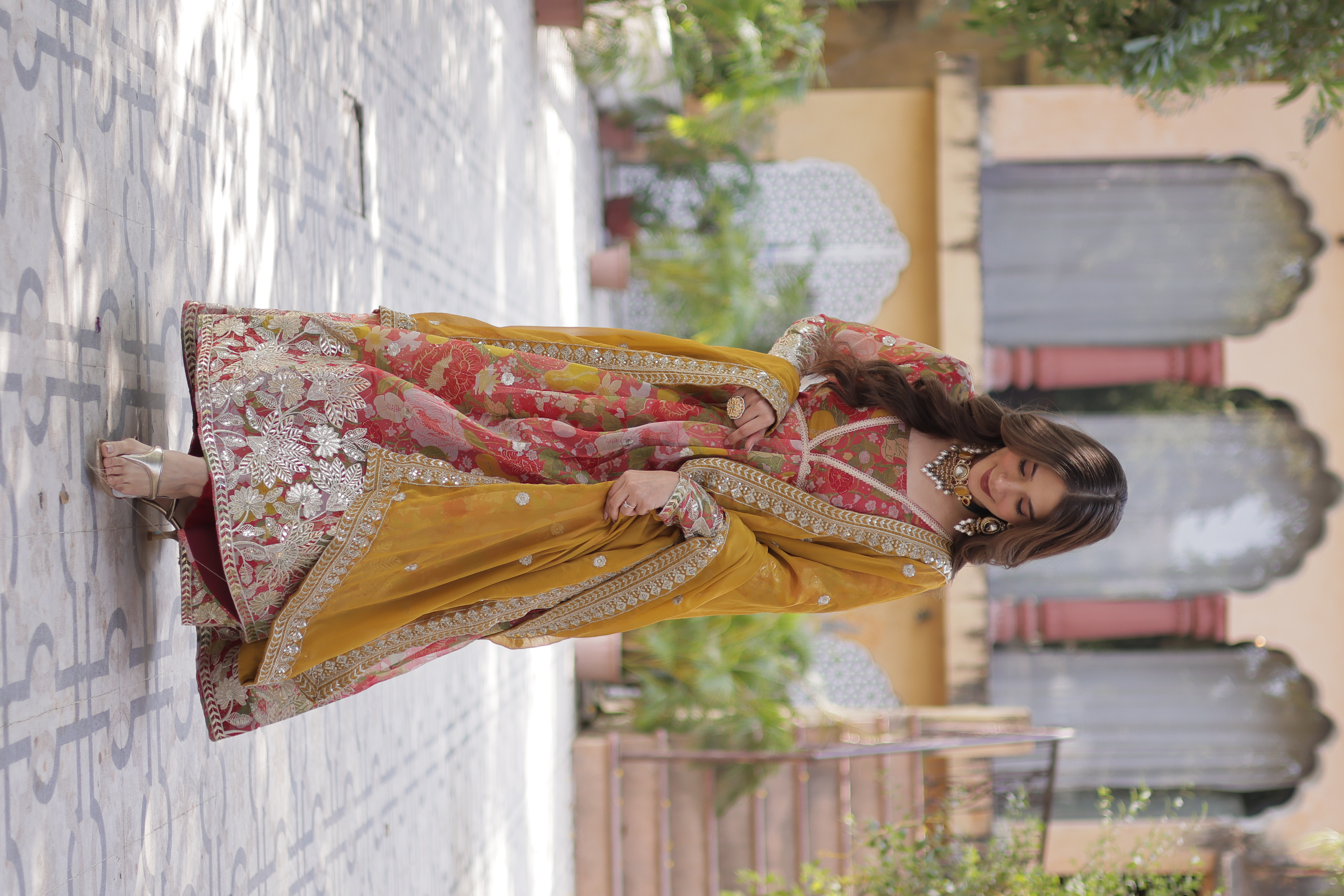 Red Russian Silk Long Top with Mustard Dupatta