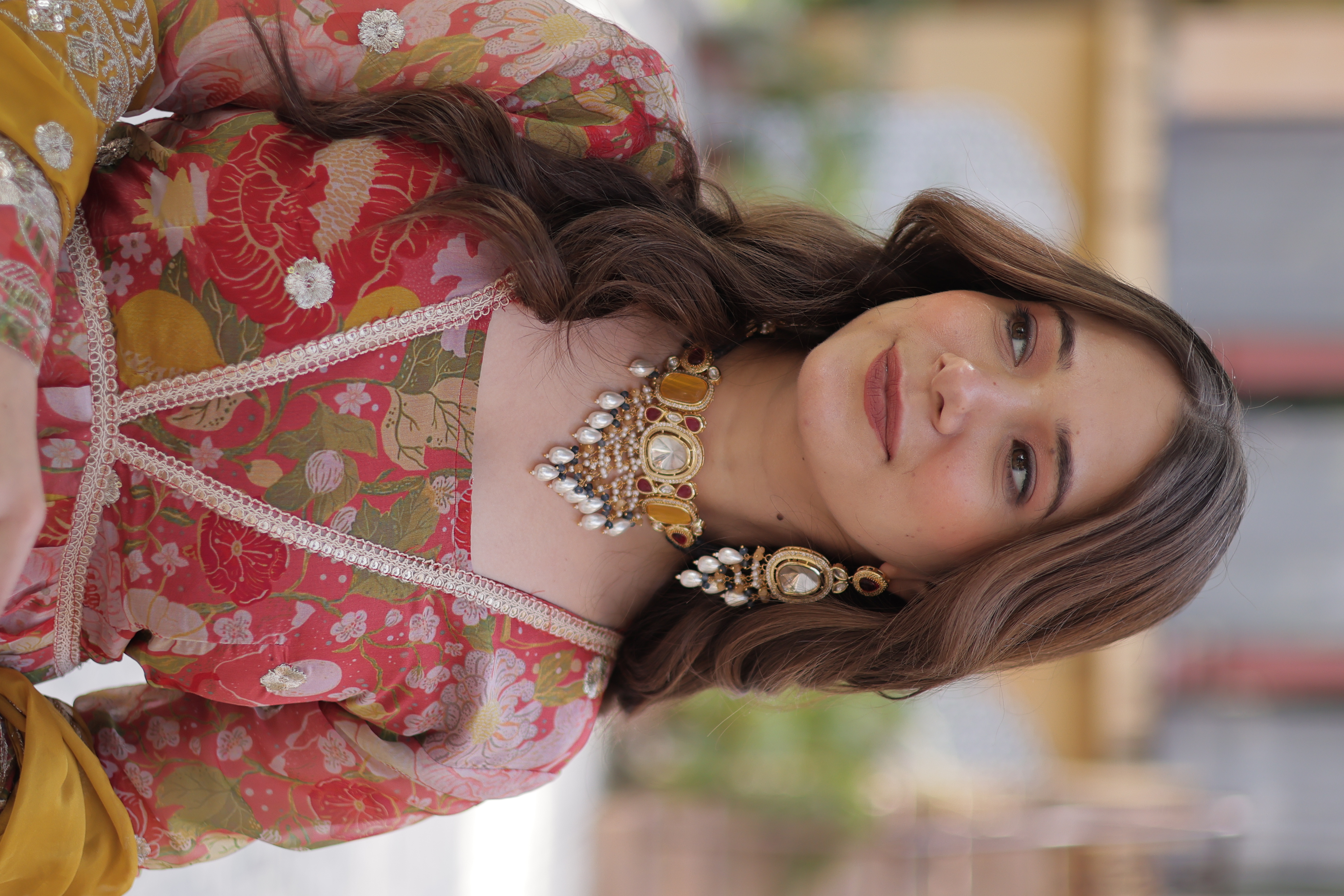 Red Russian Silk Long Top with Mustard Dupatta